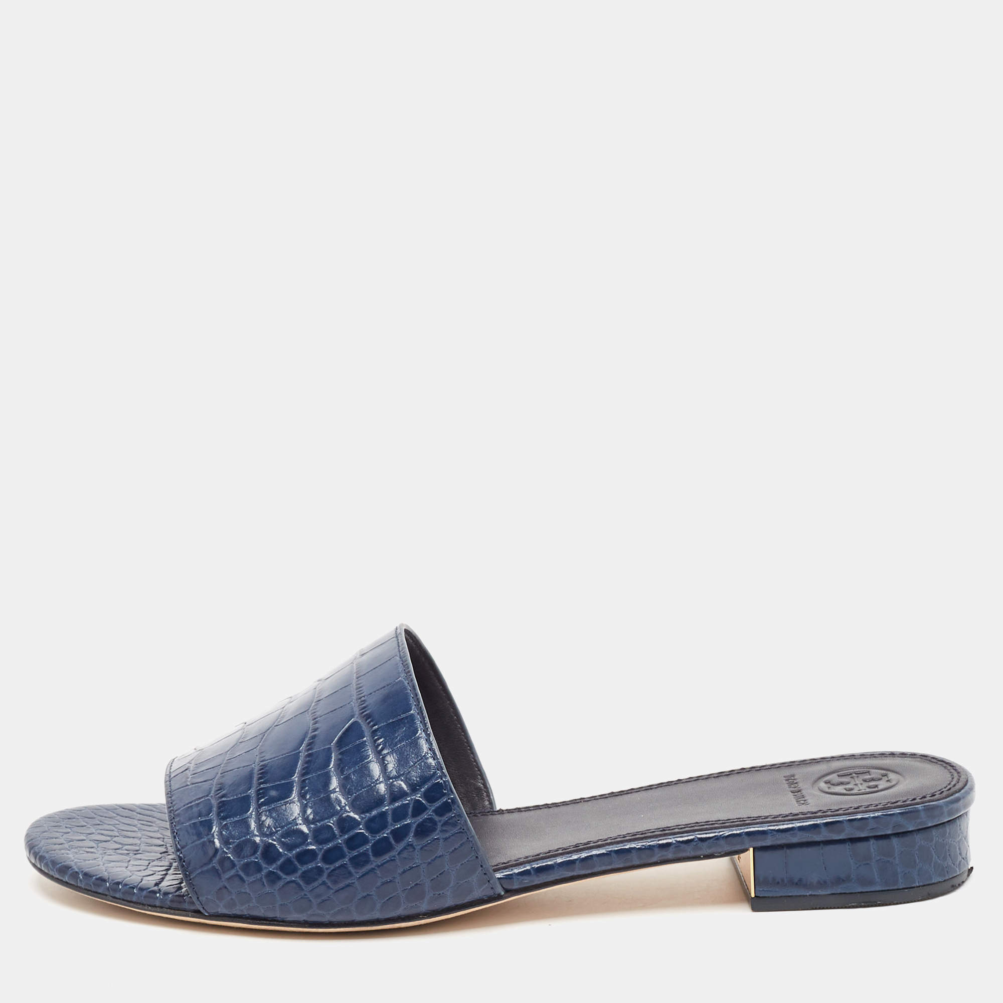 Pre Owned Tory Burch Blue Embossed Crocodile Martine Slides Size 39.5 