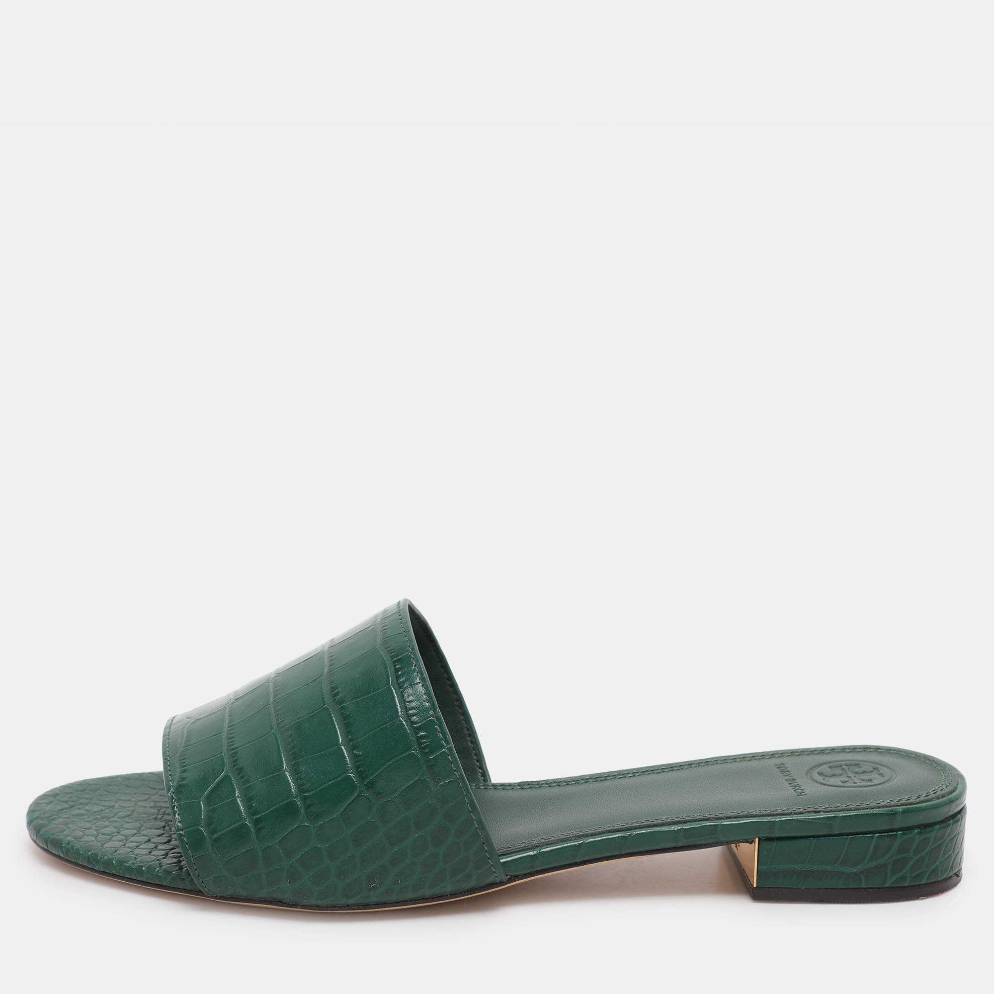 Pre Owned Tory Burch Green Croc Embossed Leather Flat Slides Size 39