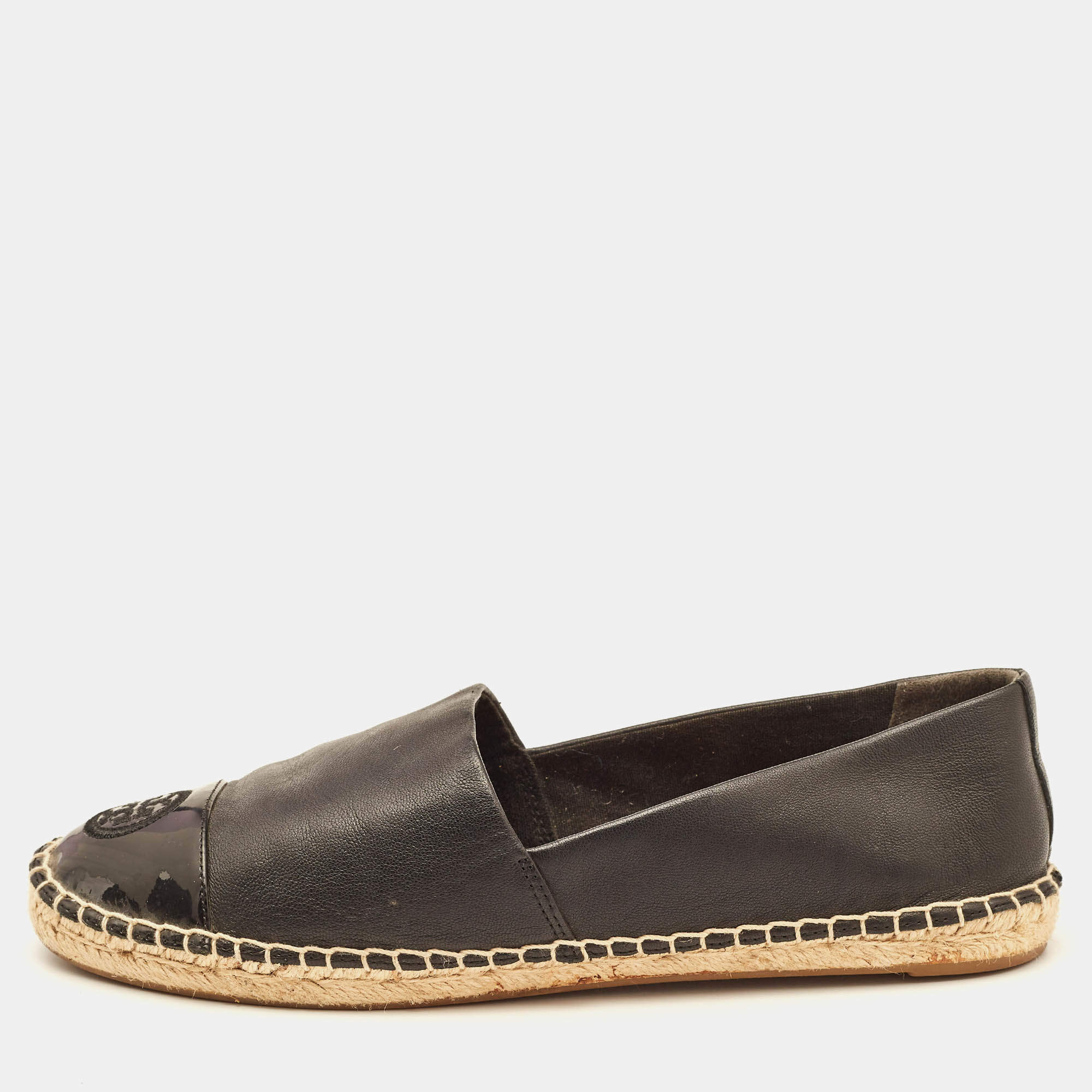 Tory Burch Black Leather Logo Cap Toe Espadrille Flats Size 39