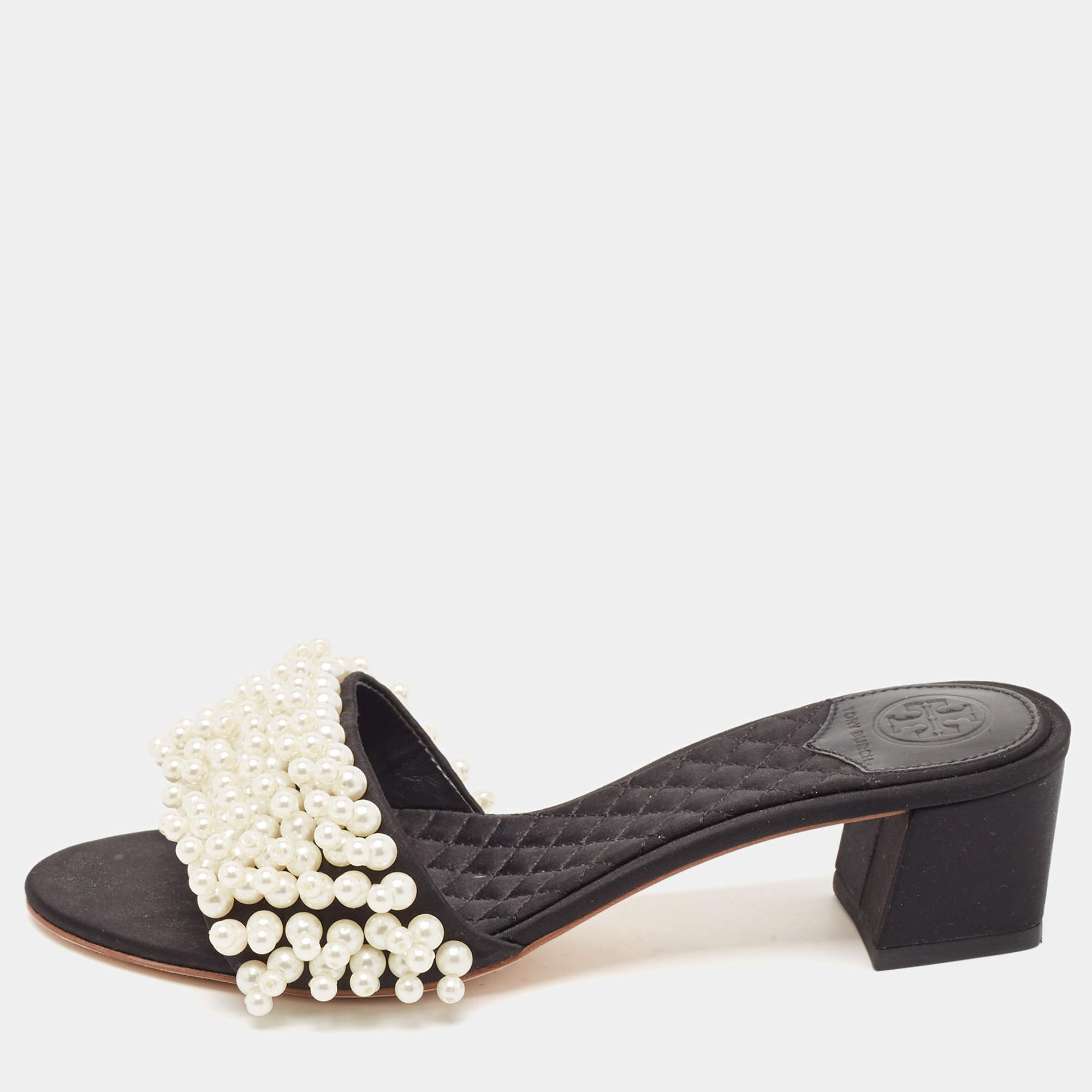 Tory Burch Black Satin Faux Pearl Embellished Slide Sandals Size 36.5
