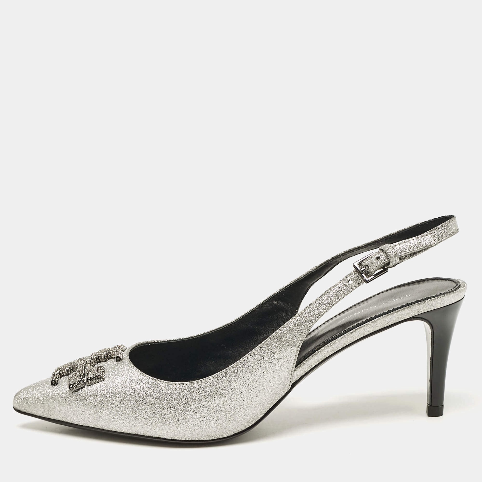 Tory Burch Silver Glitter Eleanor Slingback Pumps Size 38