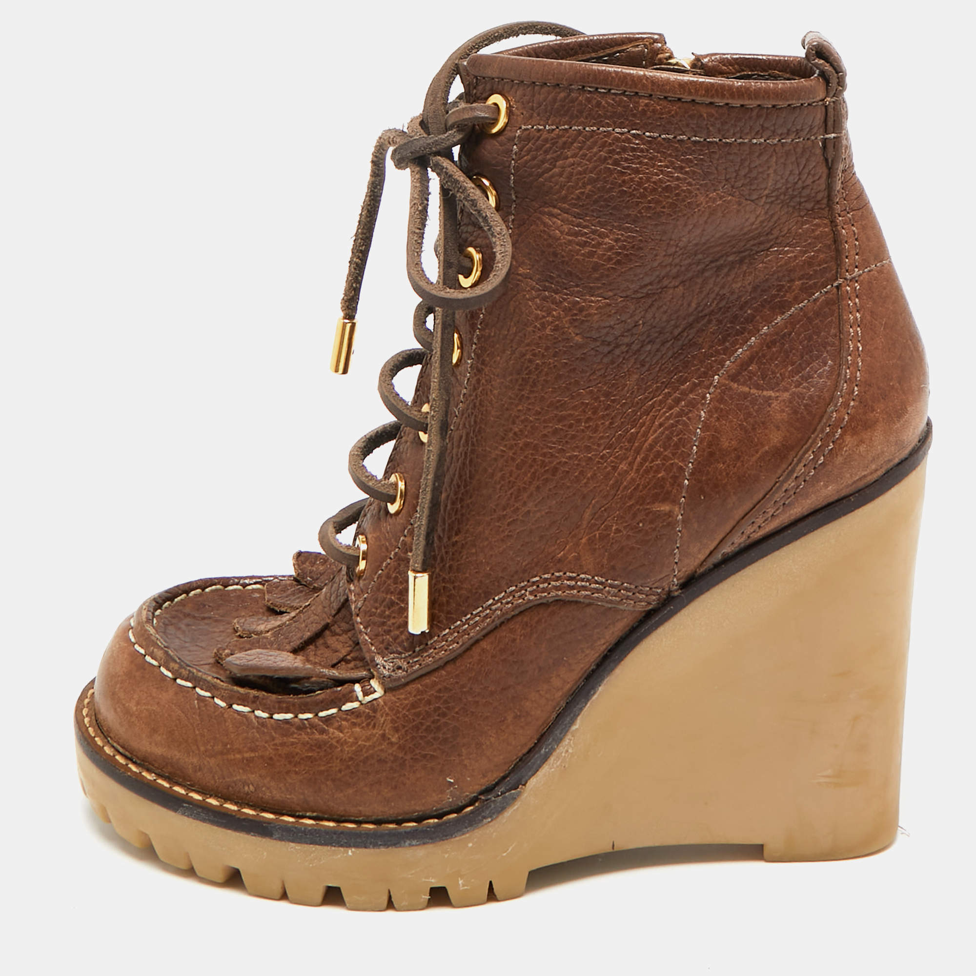 Tory Burch Brown Leather Fringe Detail Wedge Derby Ankle Boots Size 38.5