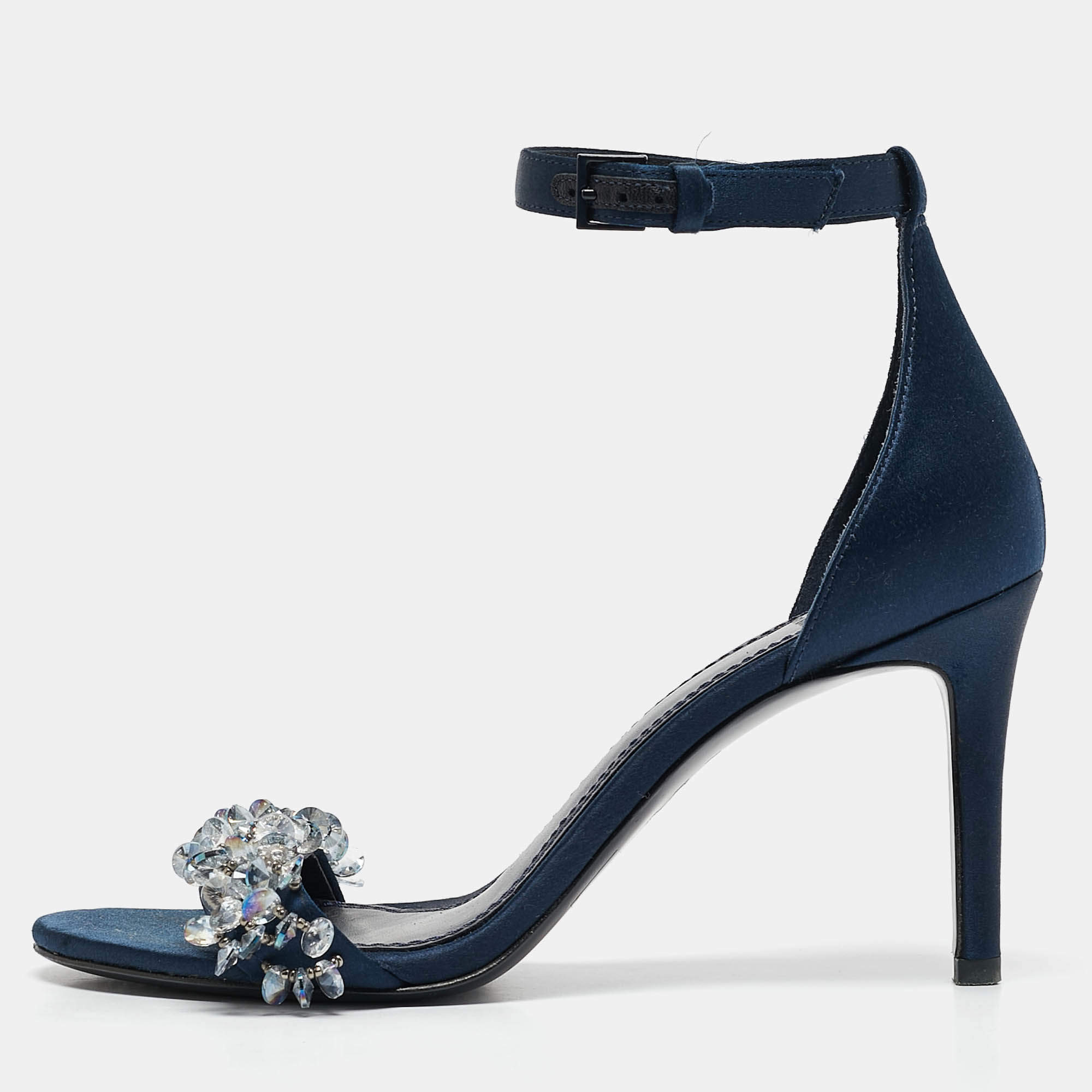Tory Burch Blue Satin Crystal Embellished Ankle Strap Sandals Size 37.5