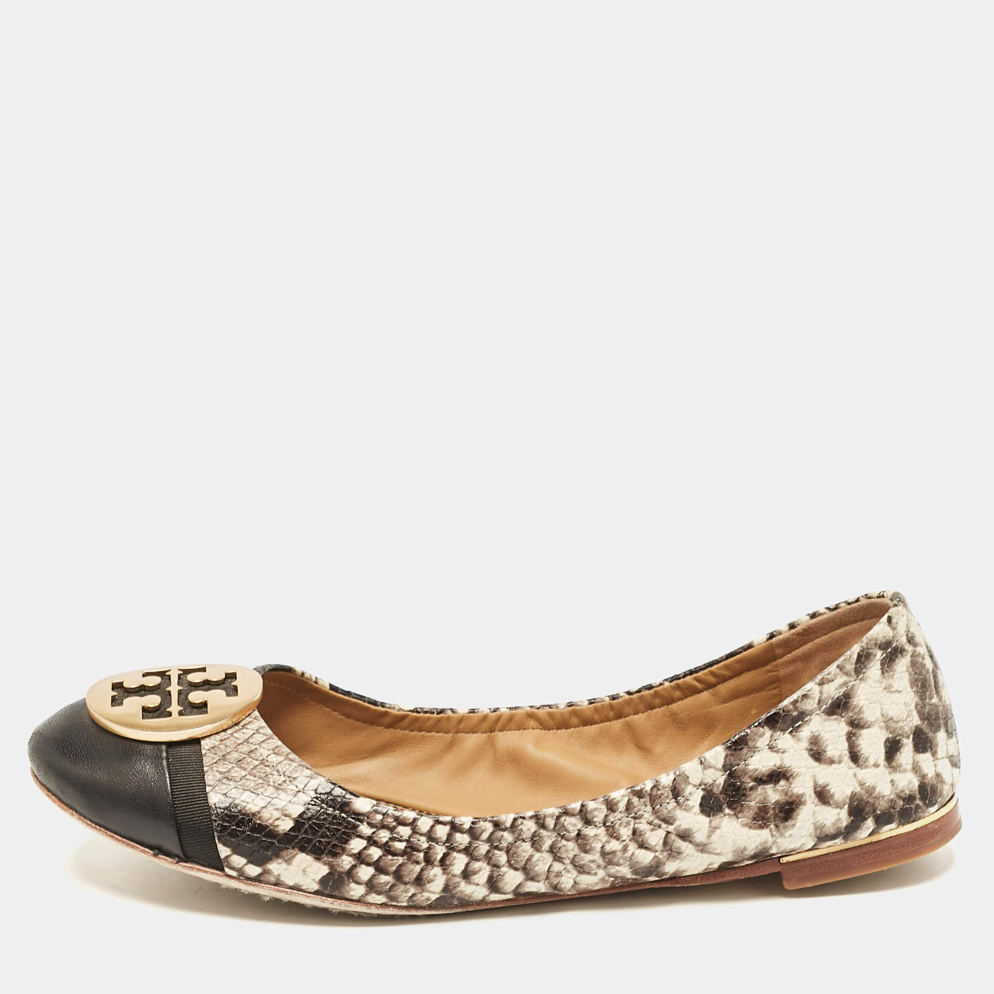 Tory Burch Black/Cream Python Embossed Reva Ballet Flats Size 36.5