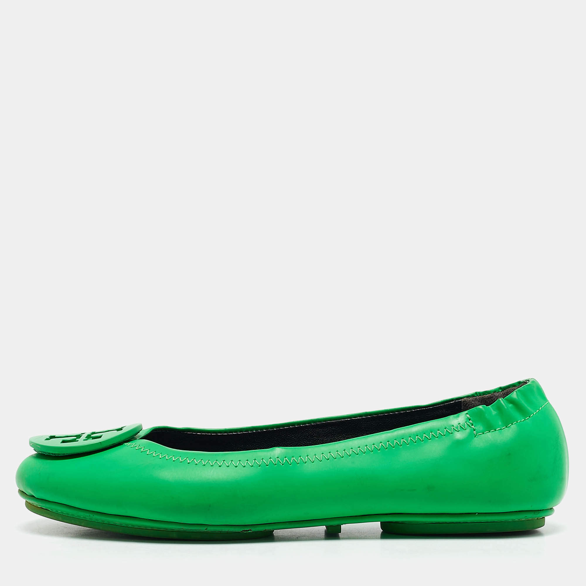 Tory Burch Green Leather Minnie Scrunch Ballet Flats Size 35.5