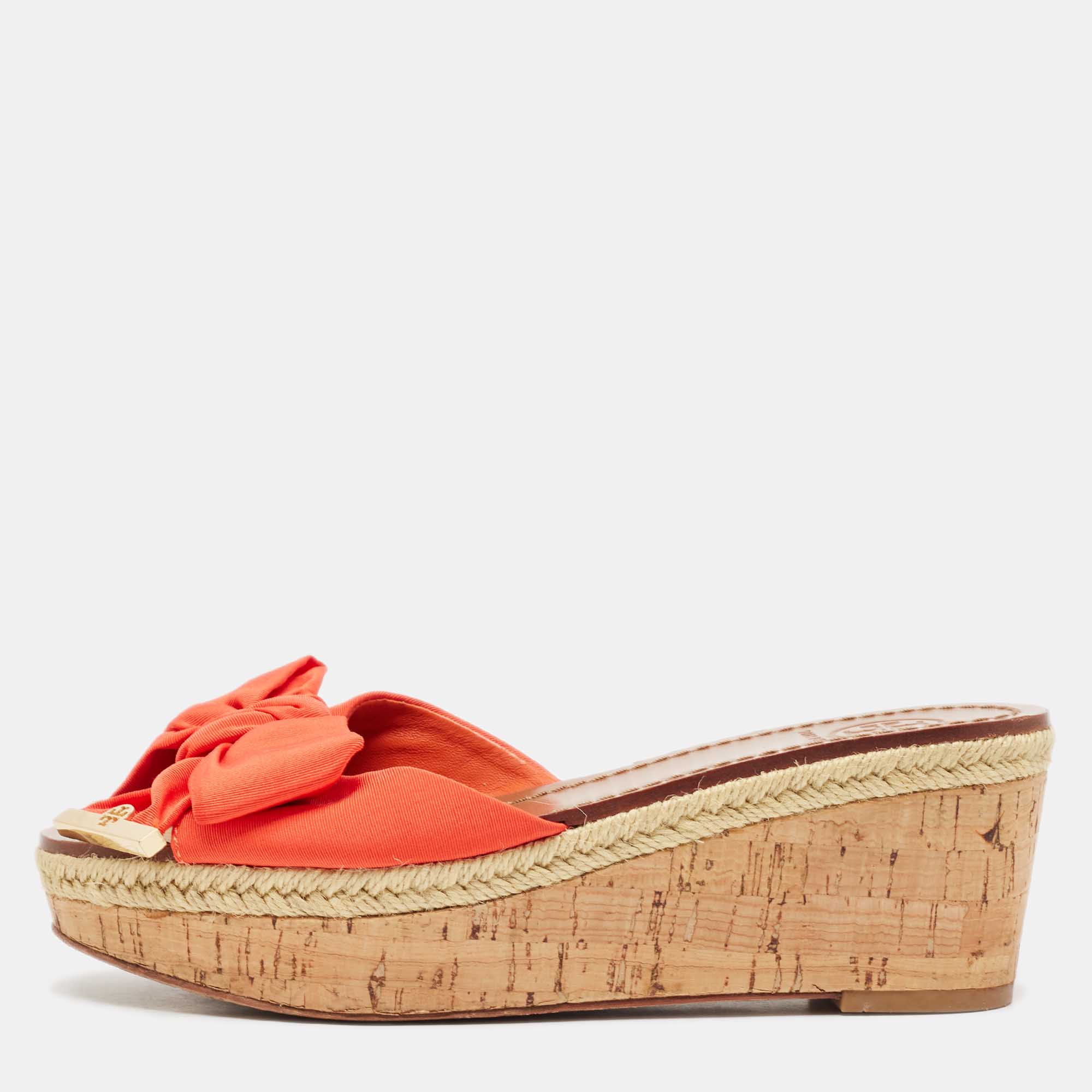 Tory Burch Orange Canvas Bow Cork Wedge Slide Sandals Size 35