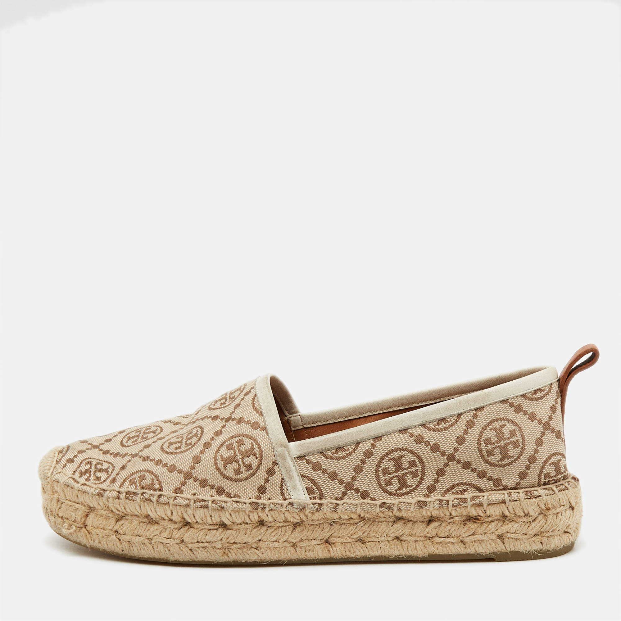 Pre Owned Tory Burch Brown/Beige T Monogram Canvas and Leather Espadrille Flats Size 38.5