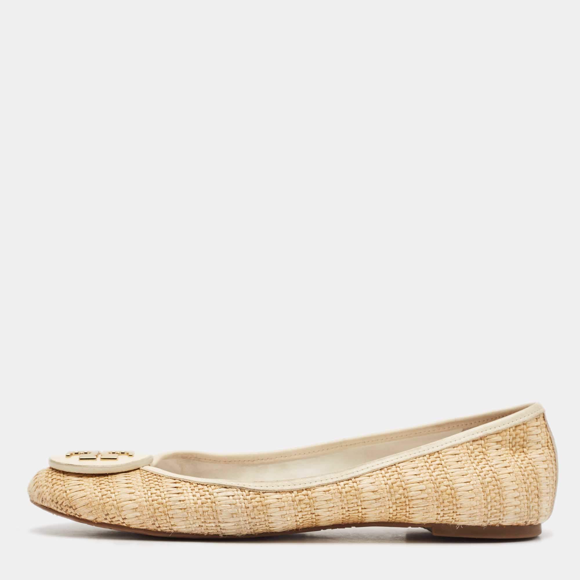 Tory Burch Beige/Cream Raffia and Leather Reva Ballet Flats Size 40.5