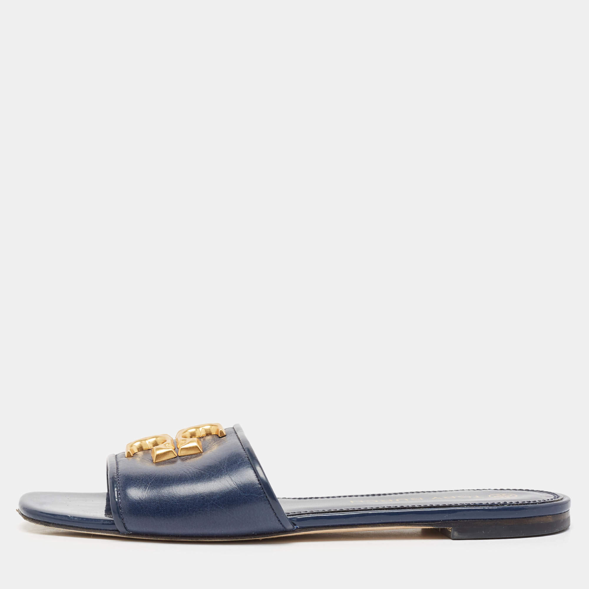 Tory Burch Navy Blue Leather eleanor Flat Sandals Size 37.5