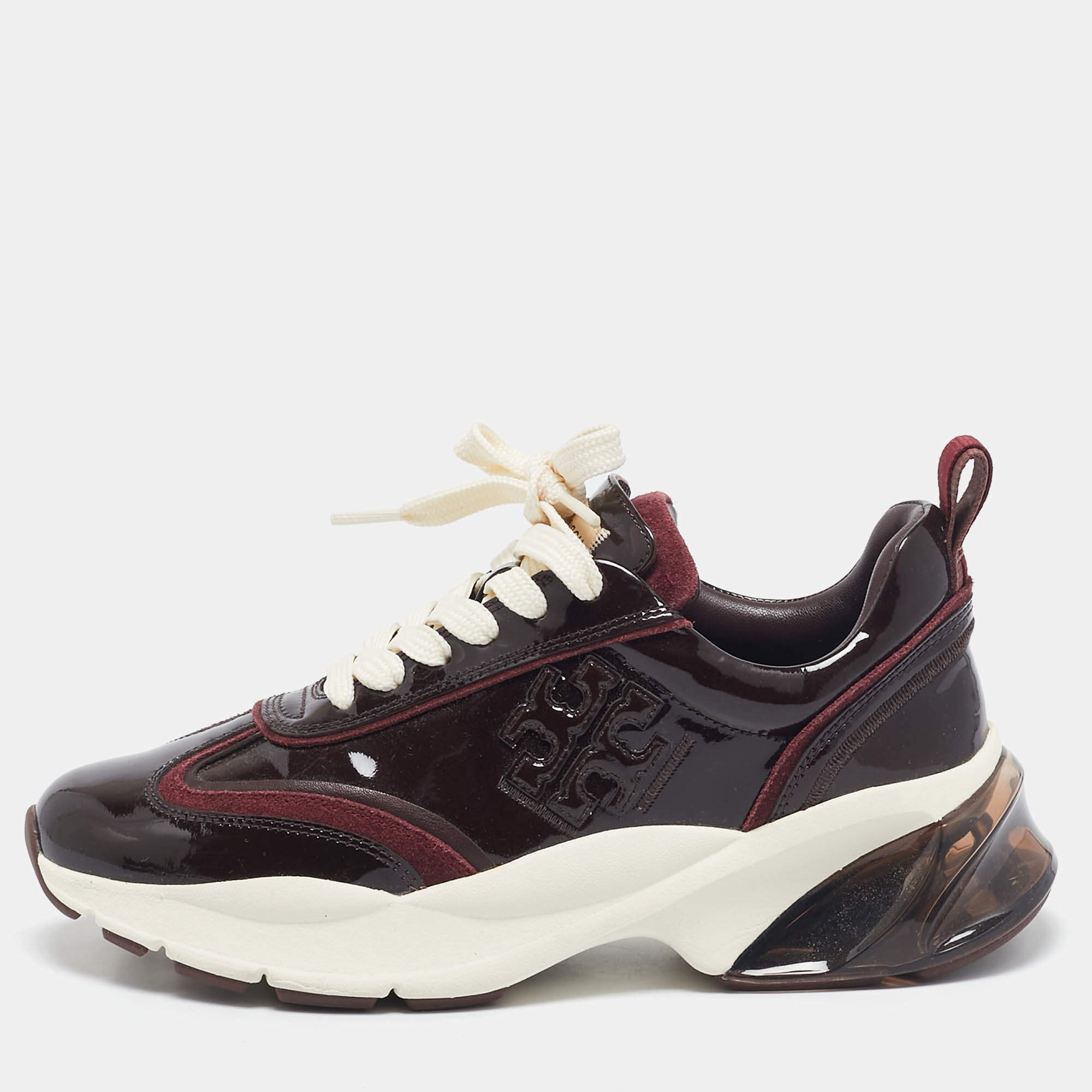Pre Owned Tory Burch Burgundy Patent Leather Lace Up Sneakers Size 37.5