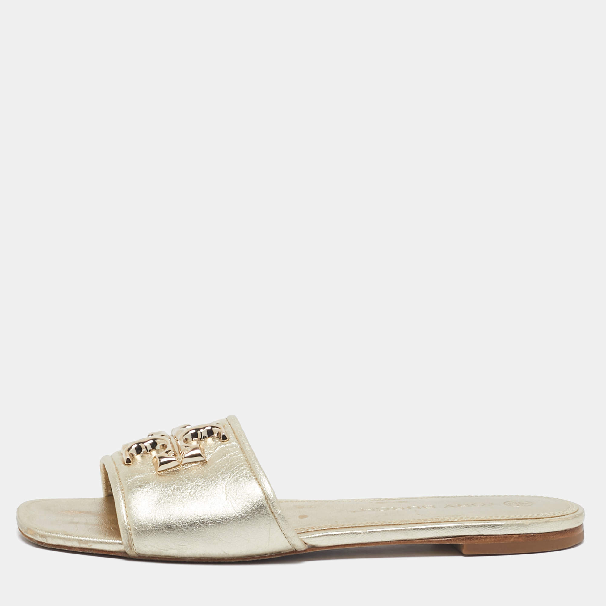 Tory Burch Gold Leather Eleanor Flat Slides Size 37.5
