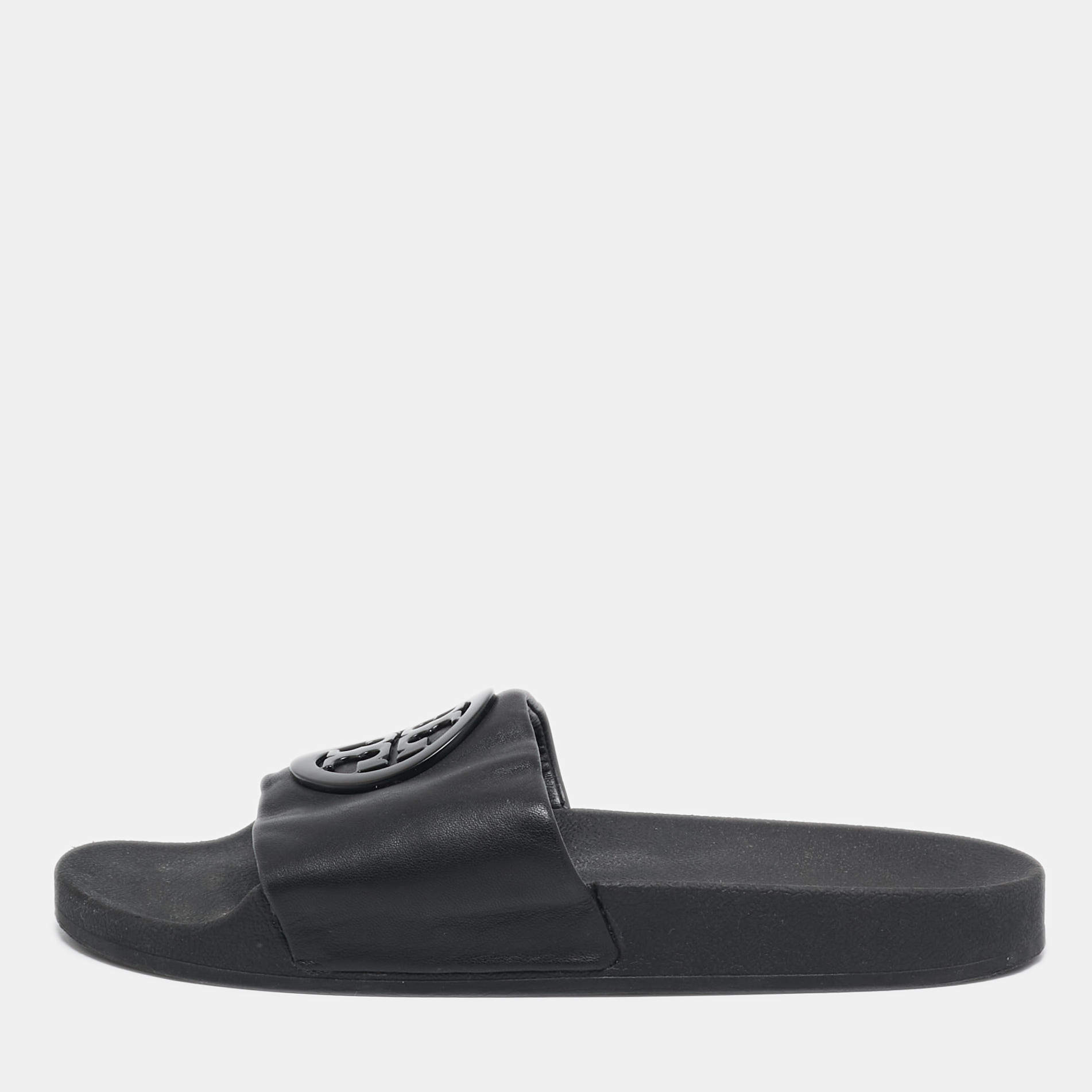 Tory Burch Black Leather Double T Flat Slides Size 39.5