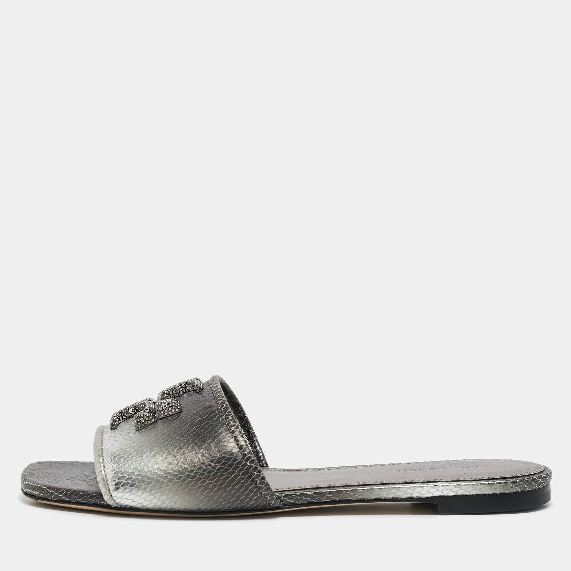 Pre Owned Tory Burch Grey Snakeskin Embossed Leather Ines Flat Sandals Size 37.5