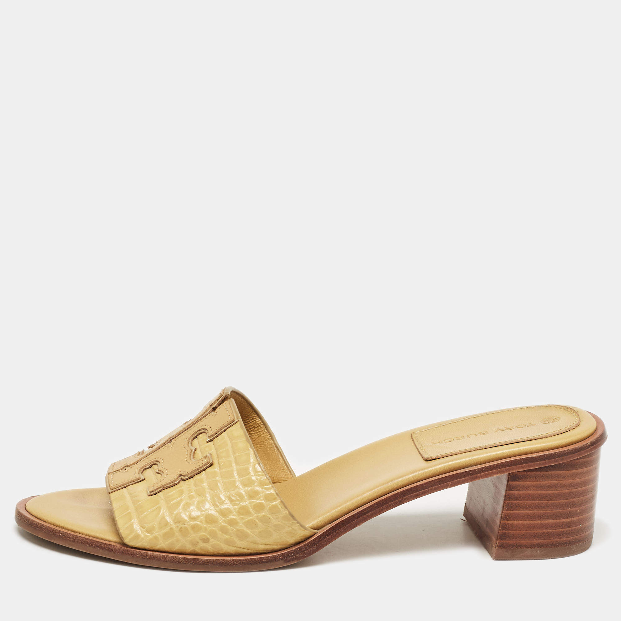 Pre Owned Tory Burch Yellow Croc Embossed Leather Ines Slide Sandals Size 39