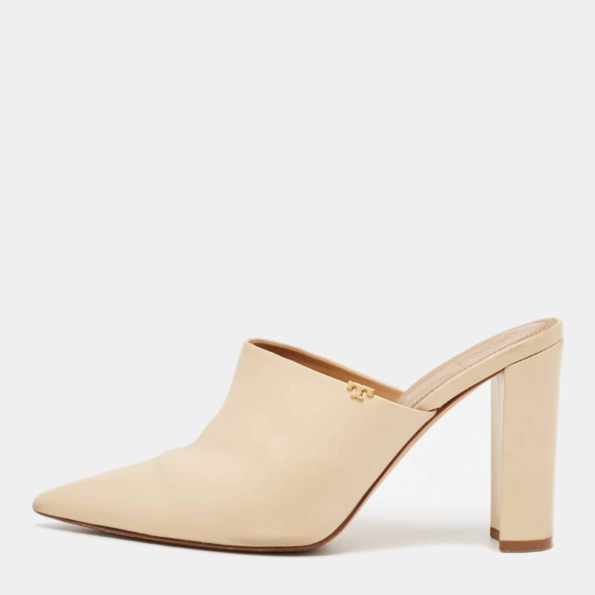 Pre Owned Tory Burch Beige Leather Penelope Mule Sandals Size 39