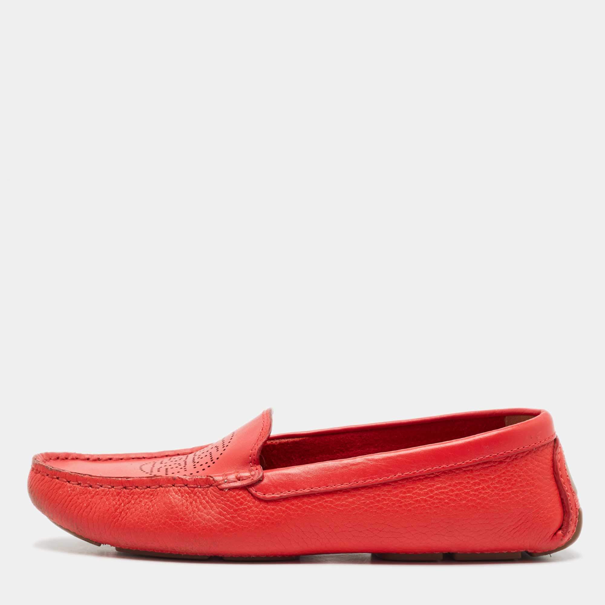 Pre Owned Tory Burch Red Leather Perforated Logo Slip On Loafers Size 38