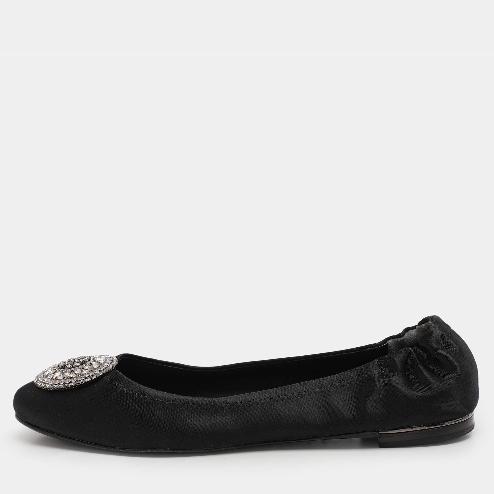 Tory Burch Black Satin Crystal Logo Embellished Ballet Flats Size 36.5