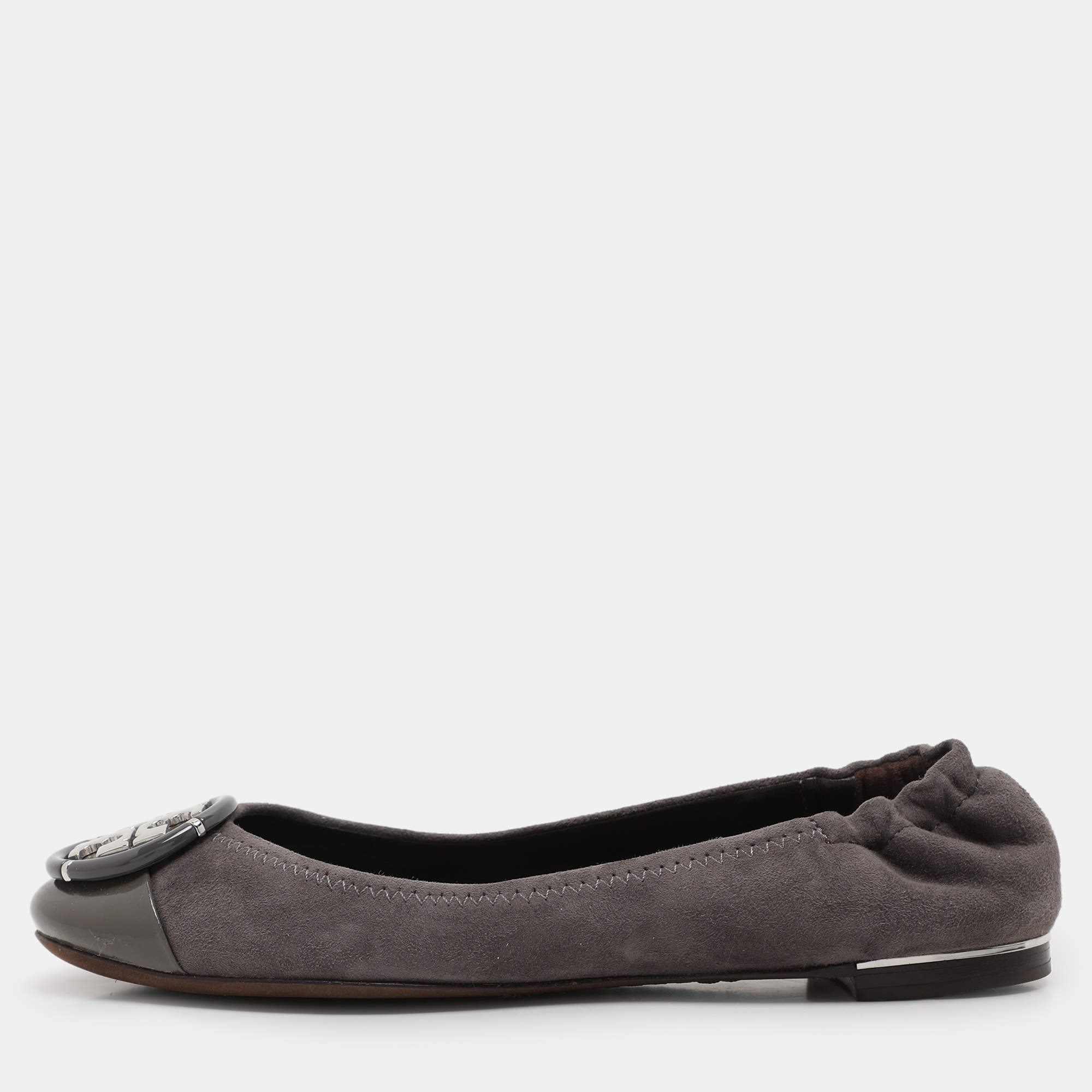 Tory Burch Dark Grey Patent Leather and Suede Reva Ballet Flats Size 36