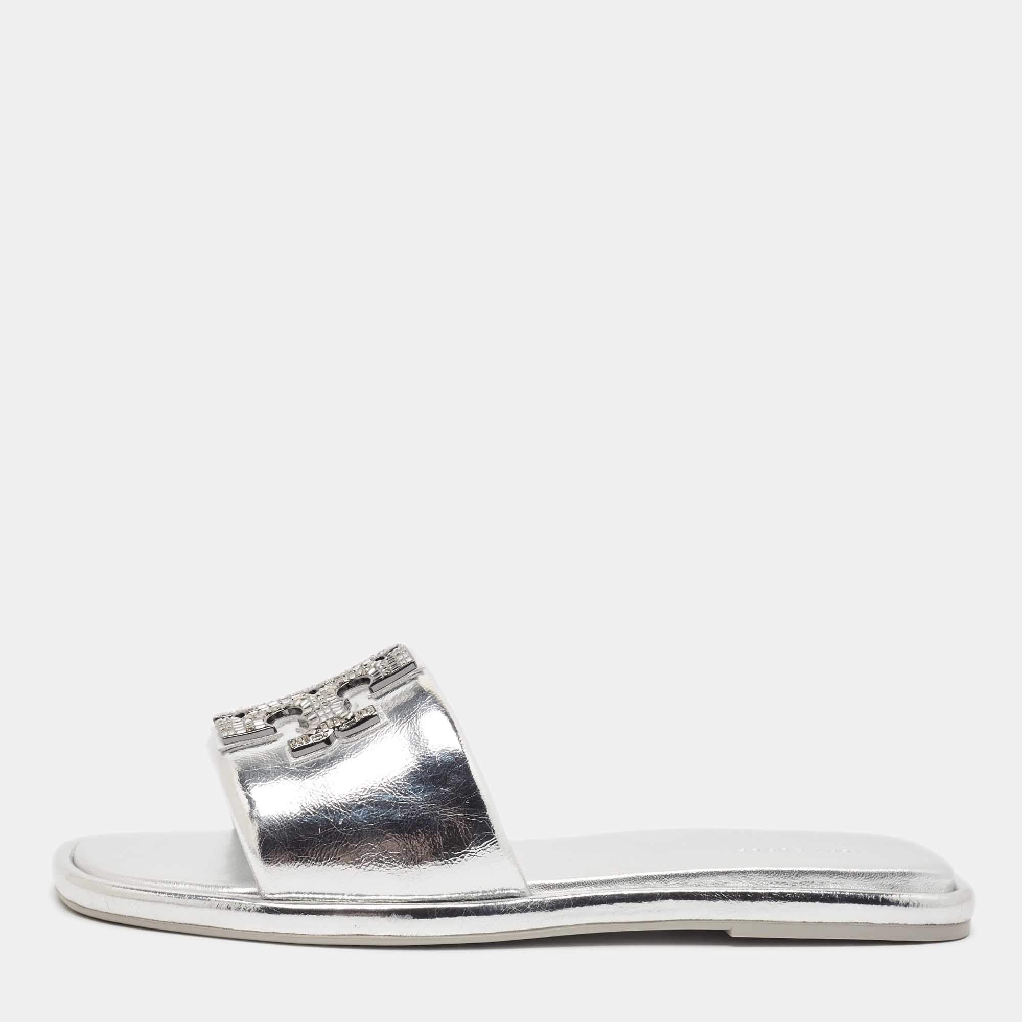 Pre Owned Tory Burch Silver Leather Double T Flat Slides Size 40.5