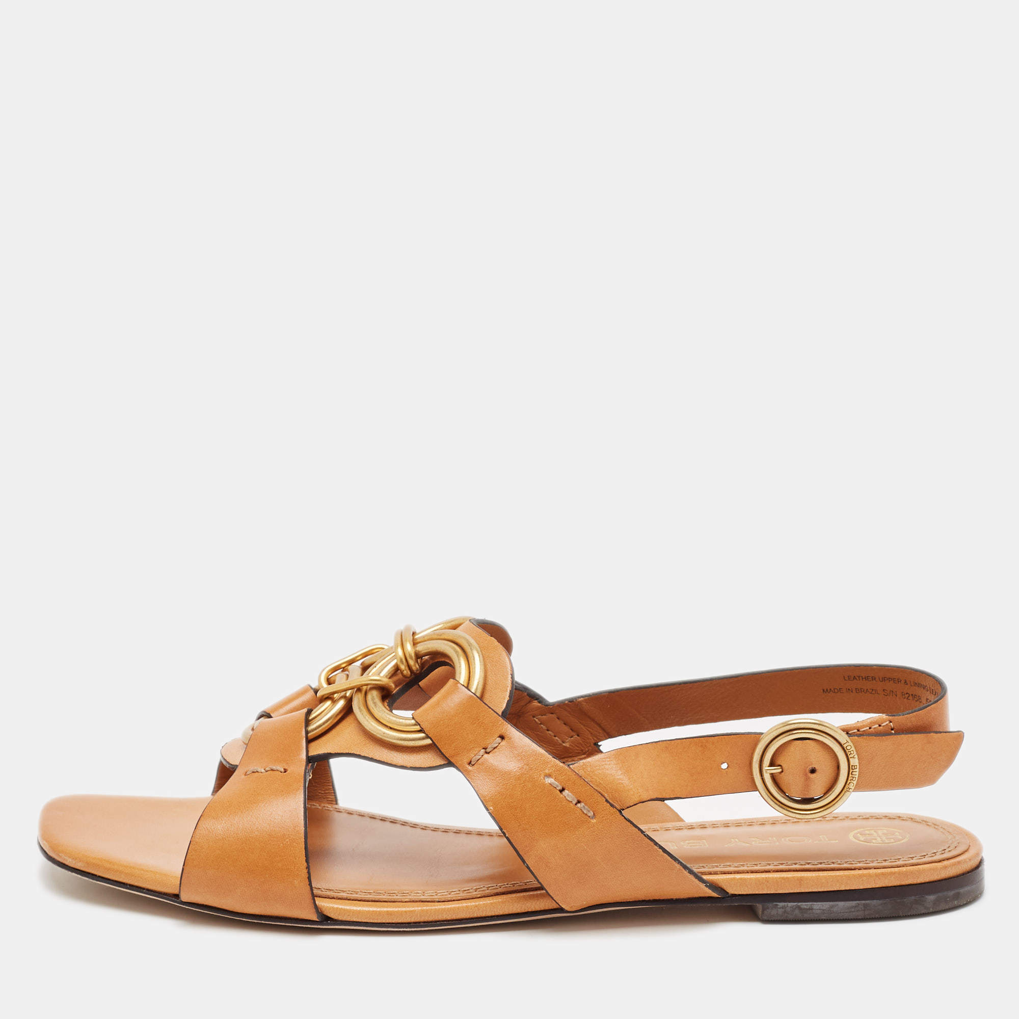 Tory Burch Brown Leather Crystal Embellished Slingback Flat Sandals Size 38