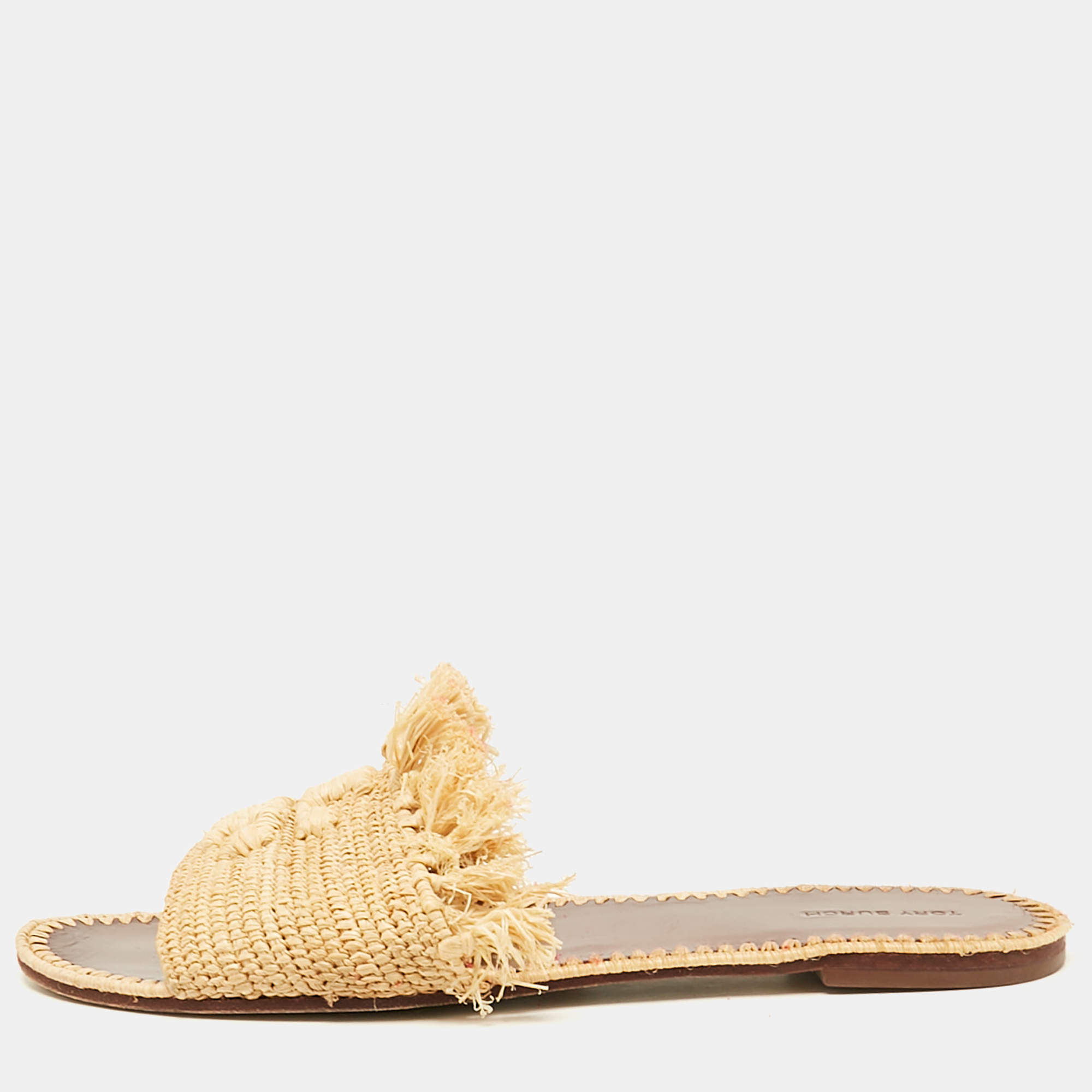 Tory Burch Beige Raffia Flat Slides Size 41
