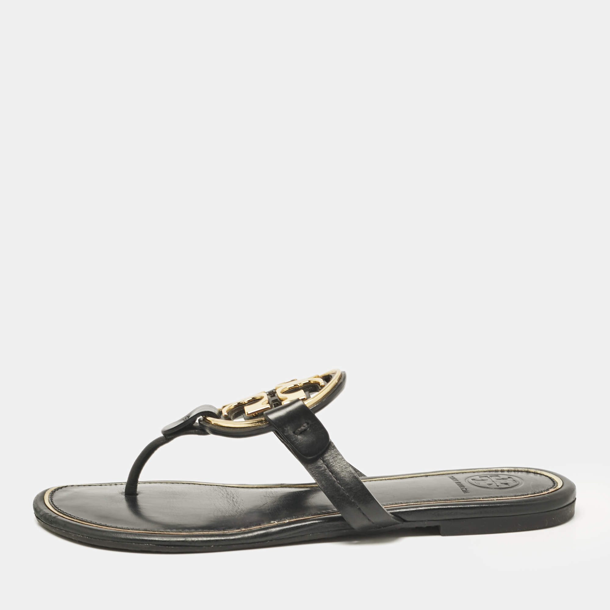 Pre Owned Tory Burch Black Leather Logo Miller Thong Flats Size 37