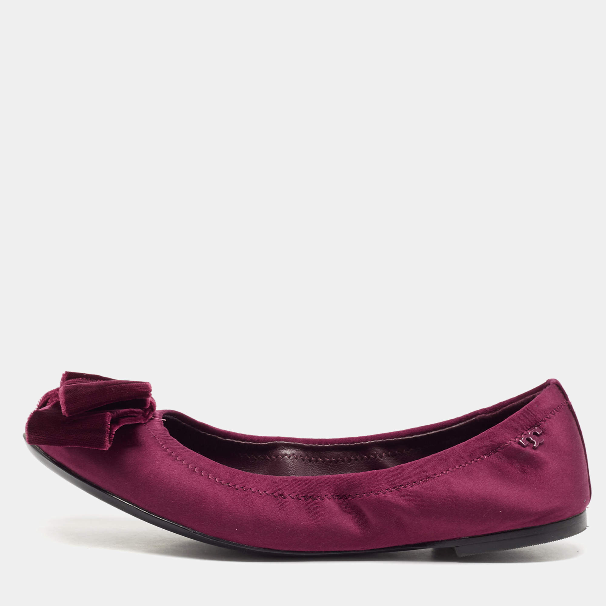 Pre Owned Tory Burch Burgundy Satin Viola Ballet Flats Size 37.5