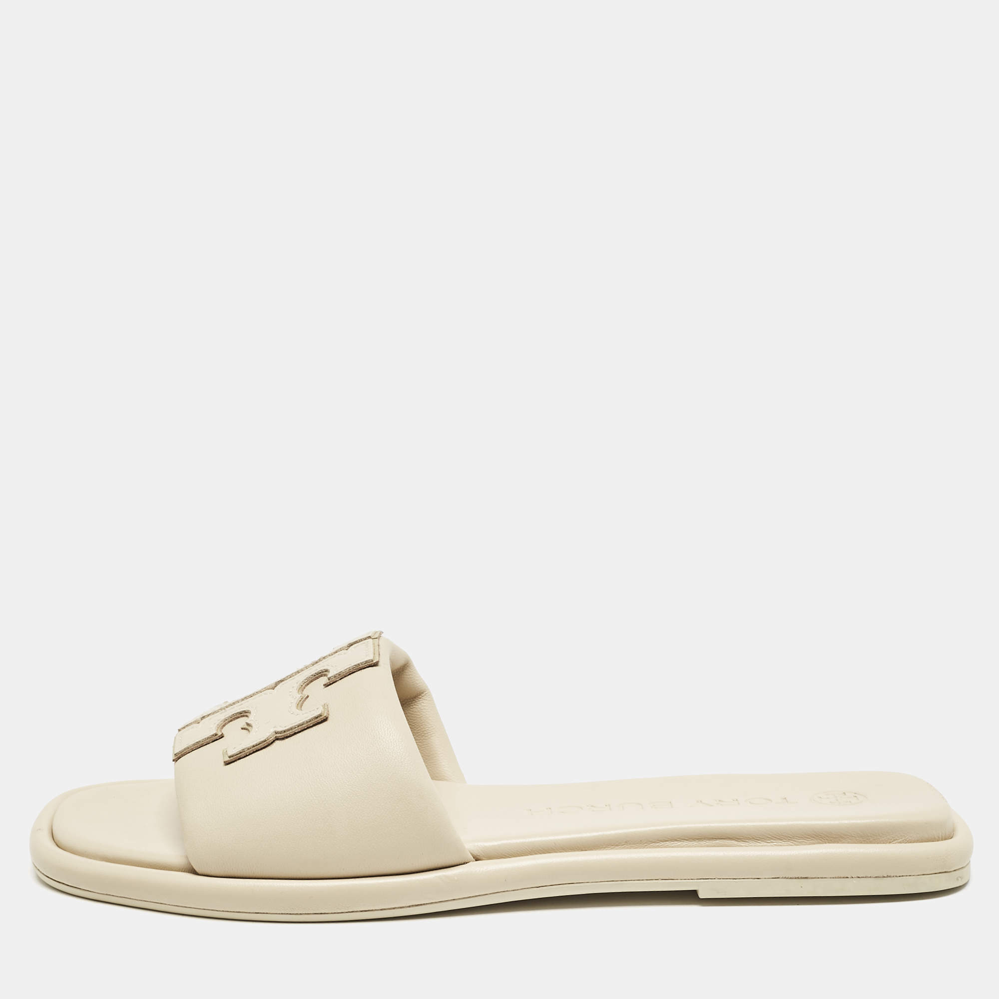 Pre Owned Tory Burch Cream Leather Double T Slide Flat Sandals Size 38