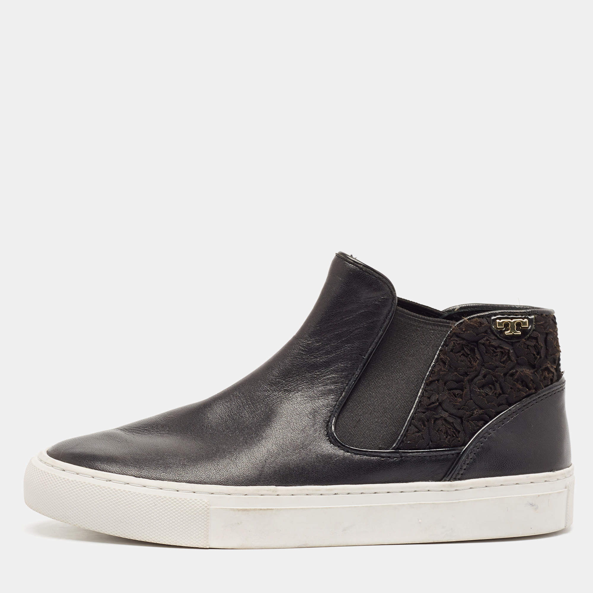 Tory Burch Black Fabric and Leather Rosette High Top Sneakers Size 36.5