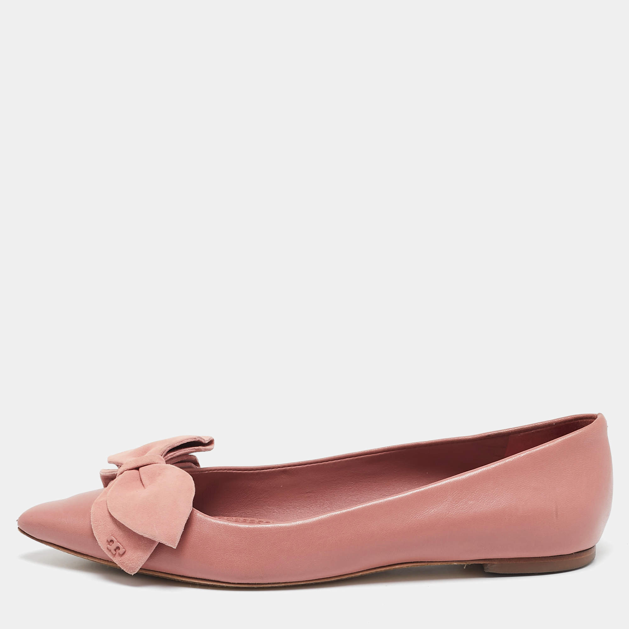 Pre Owned Tory Burch Pink Leather and Suede Bow Ballet Flats Size 37