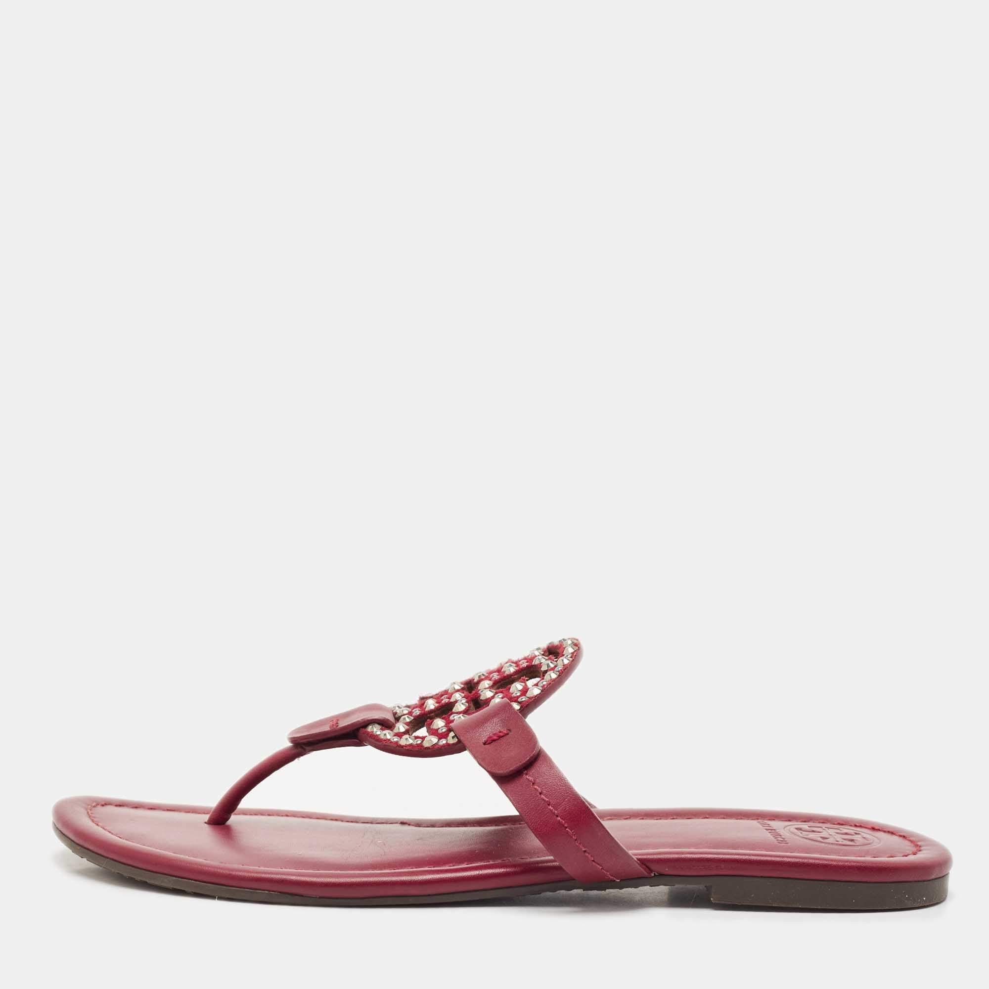 Tory Burch Burgundy Leather Miller Thong Flats Size 37