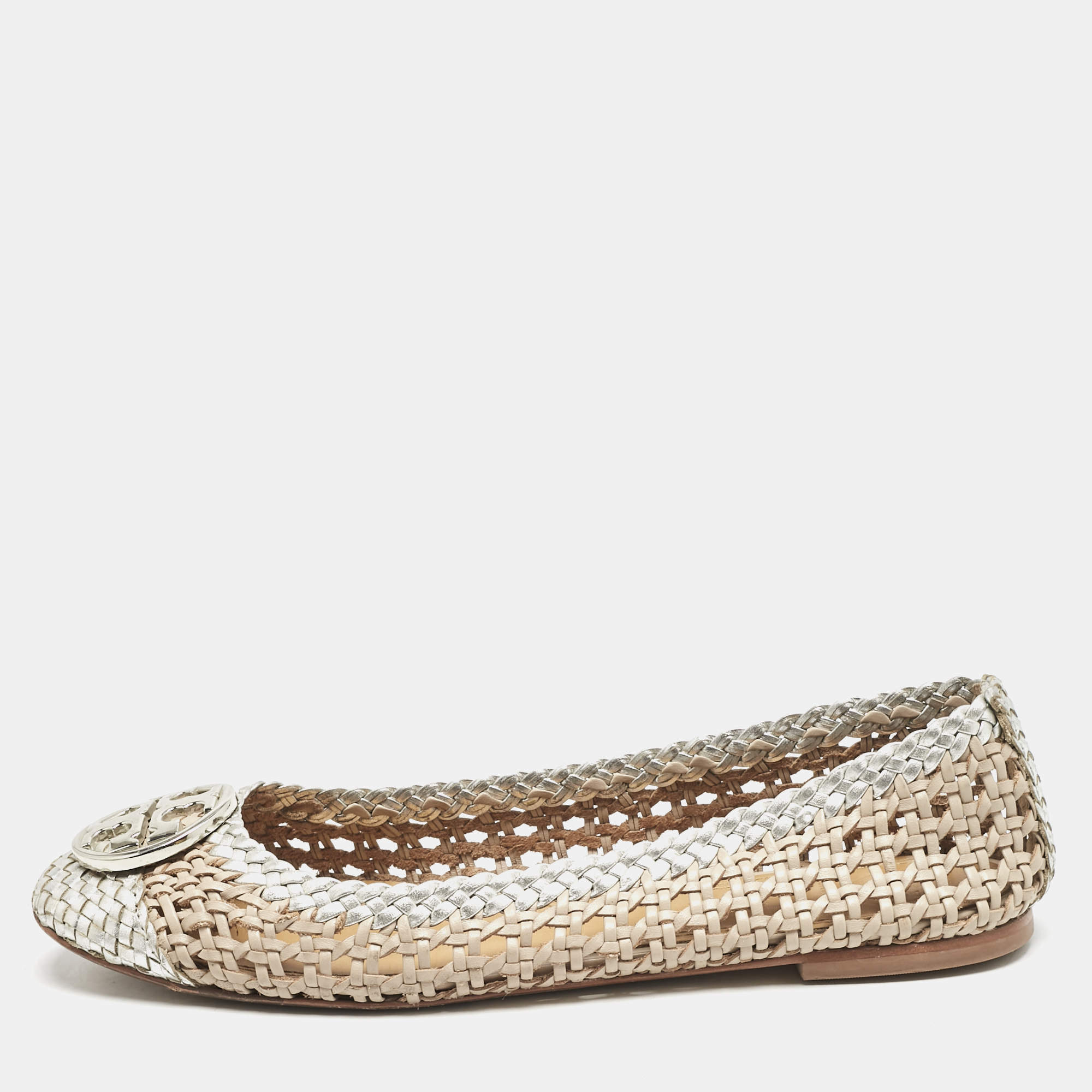 Pre Owned Tory Burch Gold/Silver Woven Leather Reva Scrunch Ballet Flats Size 37