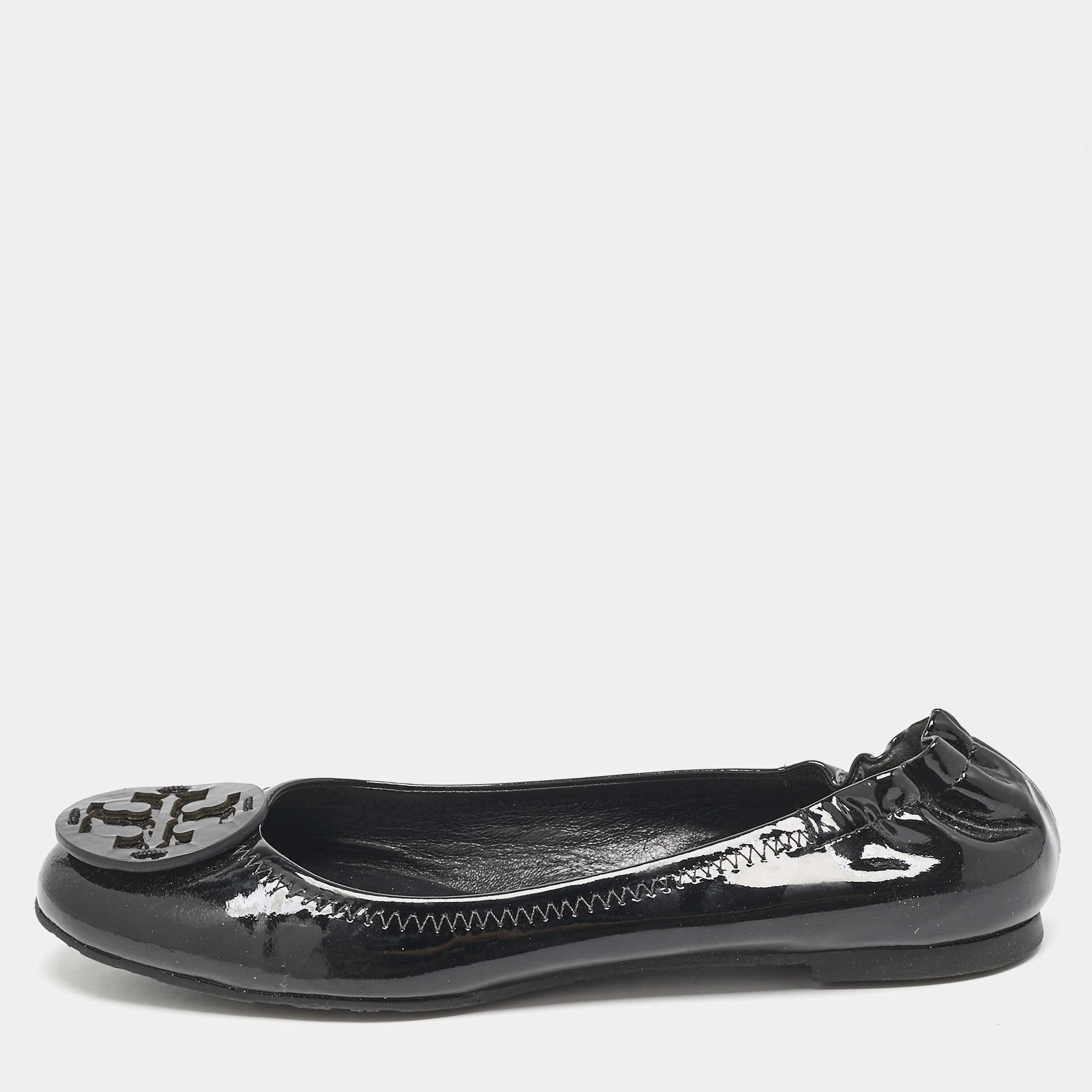 Pre Owned Tory Burch Black Patent Leather Minnie Travel Ballet Flats Size 38.5