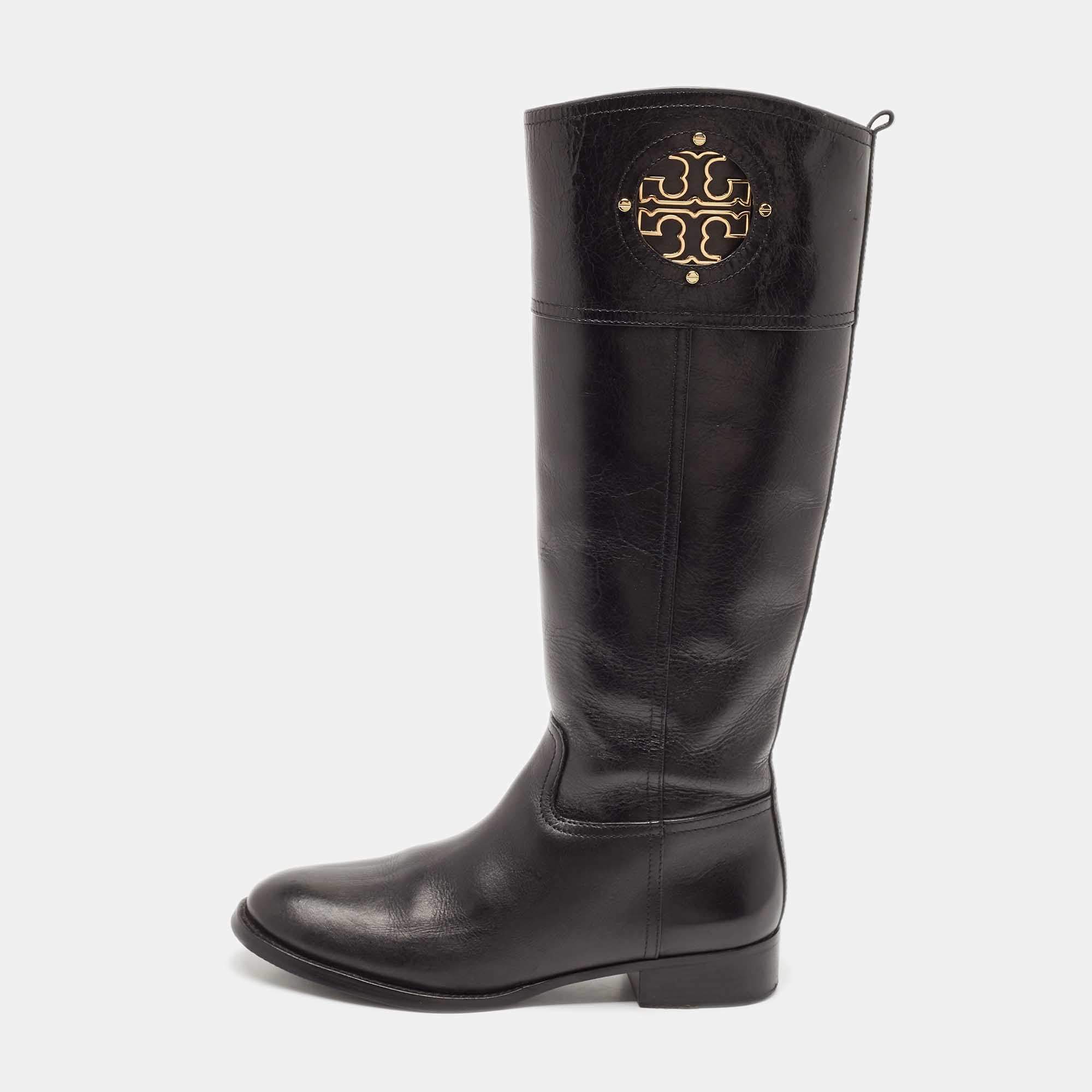 Tory Burch Black Leather Kiernan Riding Boots Size 39