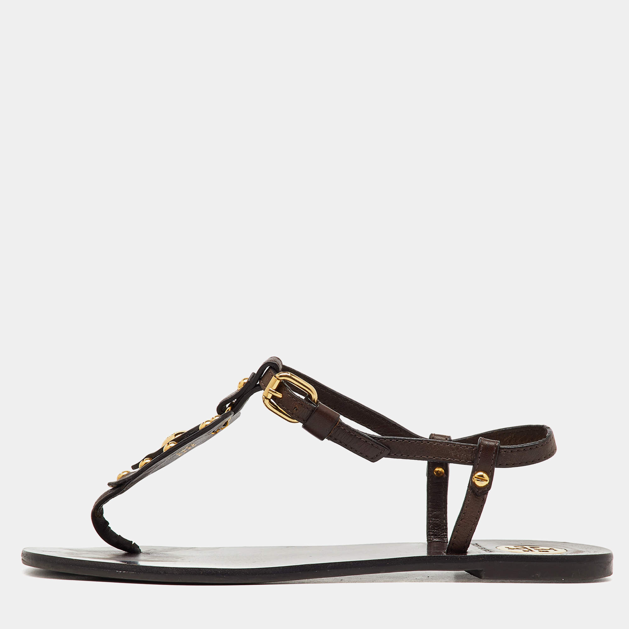 Pre Owned Tory Burch Brown Leather Studded Heart Strappy Flat Sandals Size 38