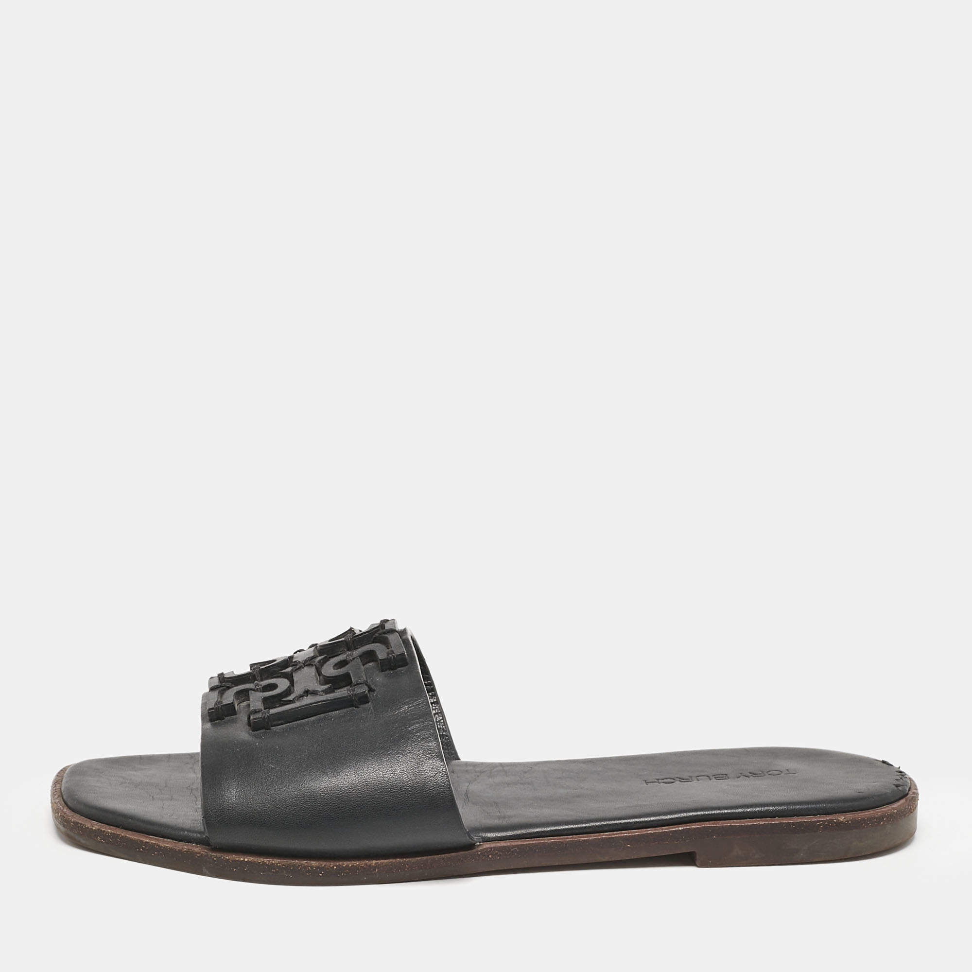 Tory Burch Black Leather Double T Slide Flat Sandals Size 35