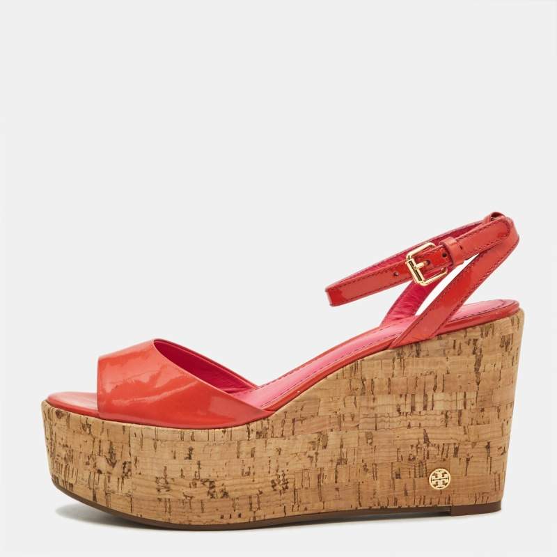 Pre Owned Tory Burch Pink Patent Leather Dahlia Cork Wedge Sandals Size 36