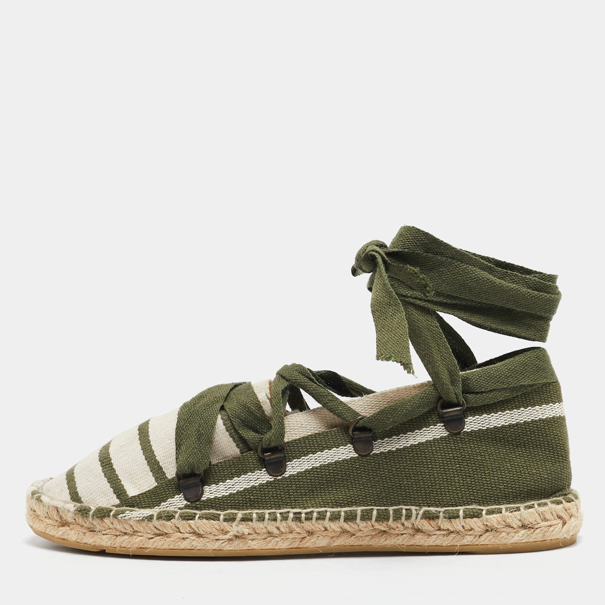 Tory Burch Green/White Stripe Canvas Ankle Wrap Espadrille Flats Size 37