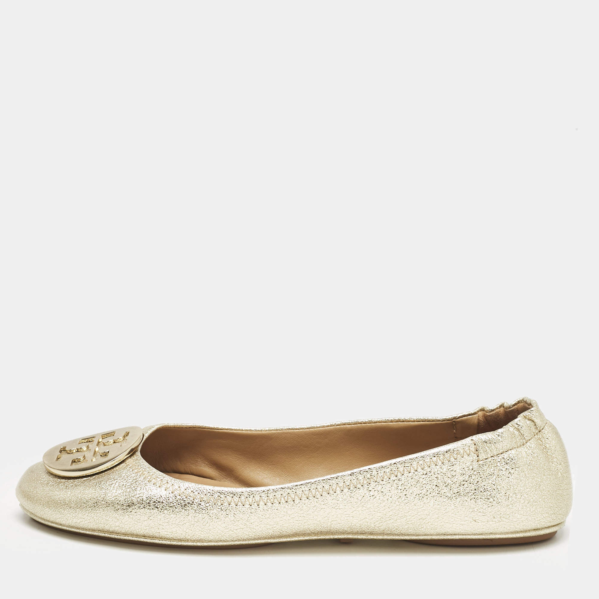 Tory Burch Gold Metallic Leather Reva Scrunch Ballet Flats Size 39.5