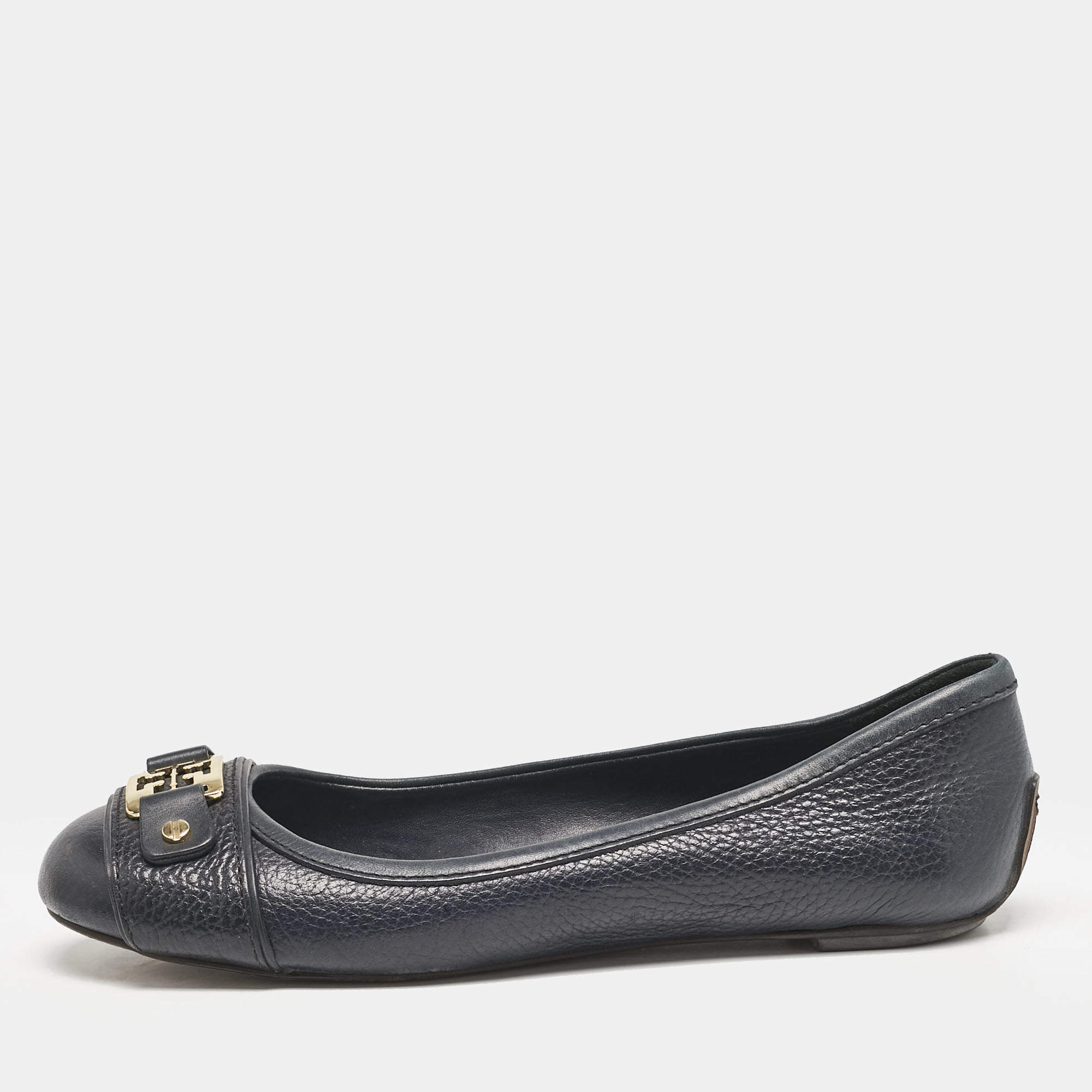 Pre Owned Tory Burch Navy Blue Leather Cline Ballet Flats Size 36.5
