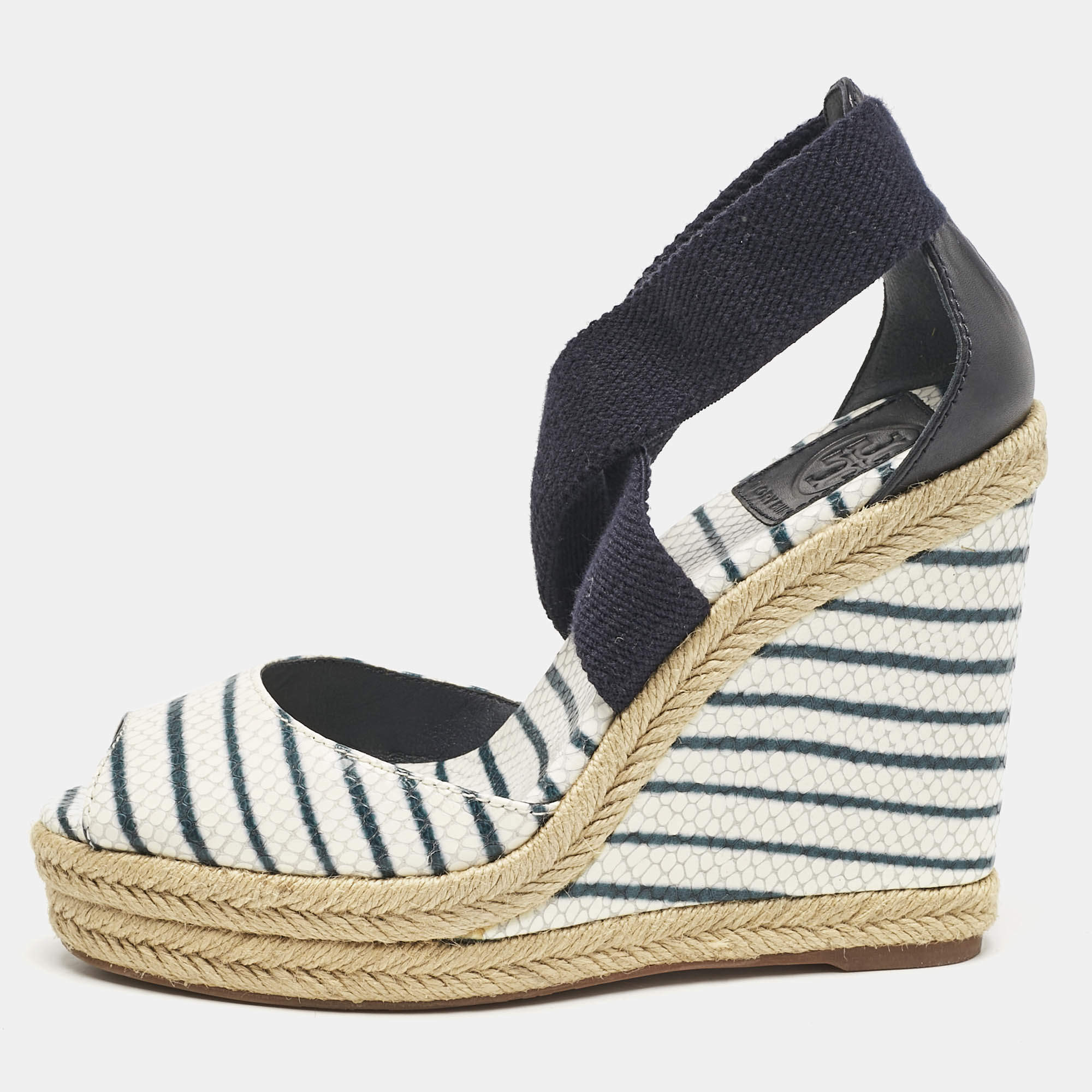 Tory Burch Blue/White Snakeskin Embossed and Leather Natanya Wedge Sandals Size 37