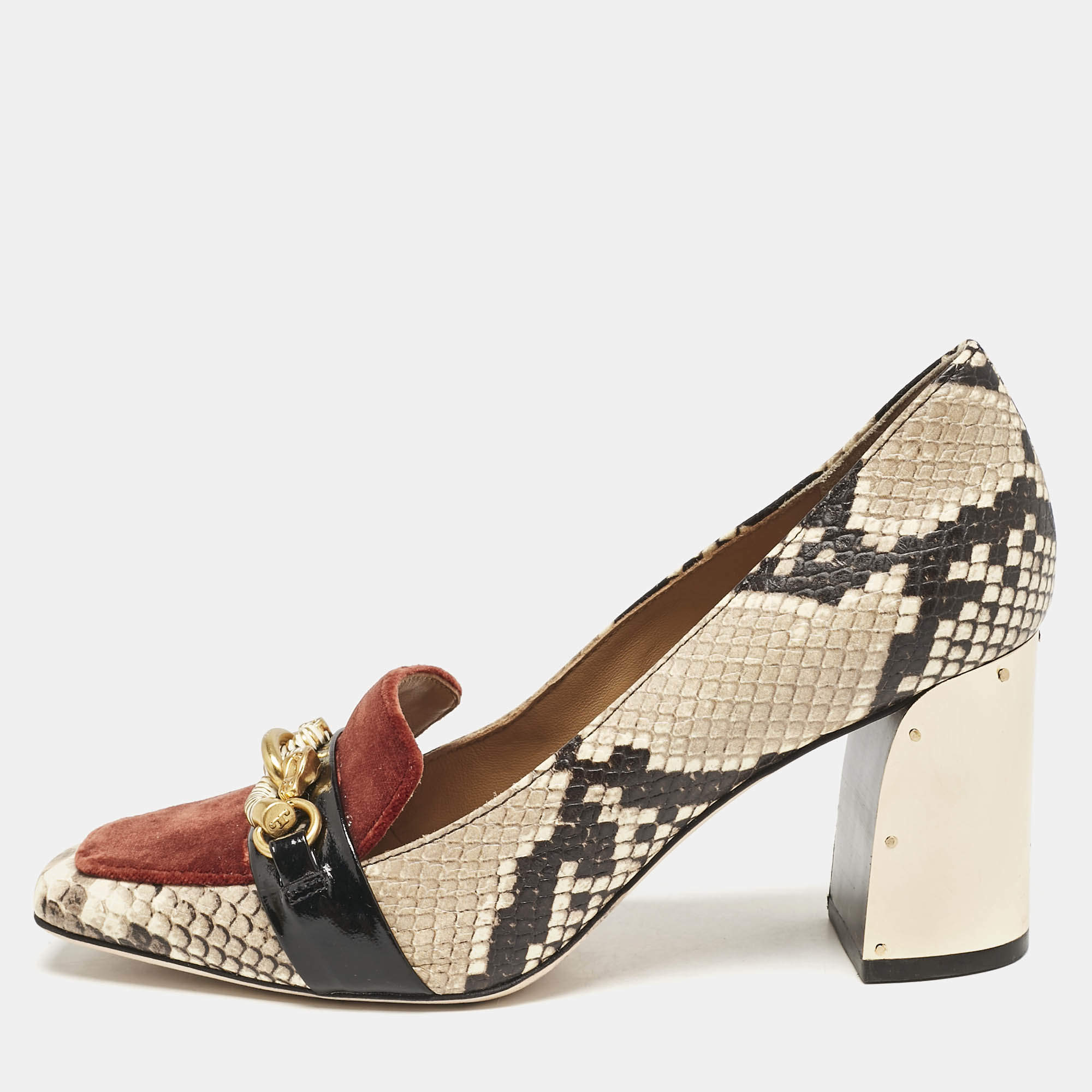 Tory Burch Brown/Beige Snakeskin Embossed Leather and Velvet Jessa Pumps Size 37