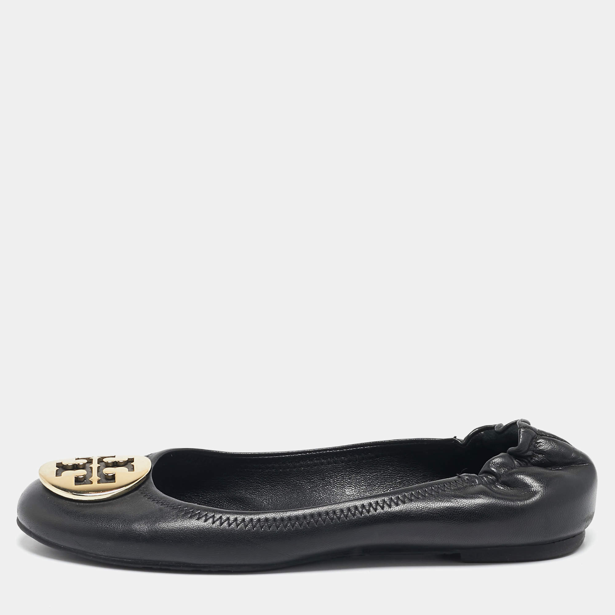 Pre Owned Tory Burch Black Leather Minnie Travel Scrunch Ballet Flats Size 37.5