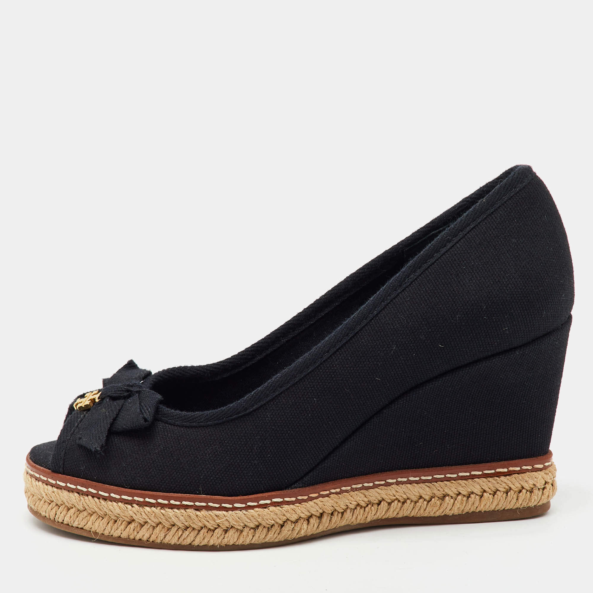 Tory Burch Black Canvas Jackie Wedge Platform Espadrille Peep Toe Pumps Size 36