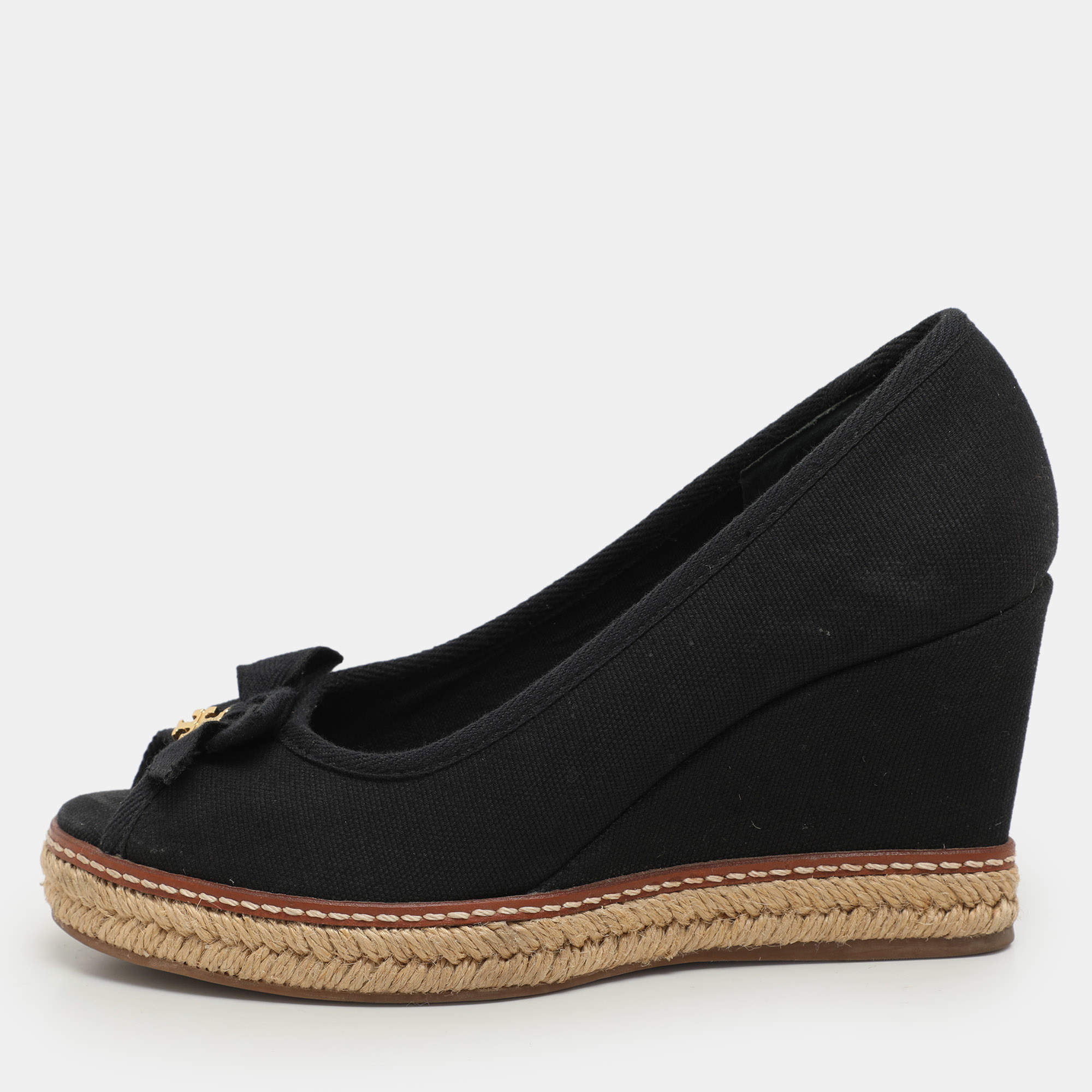 Tory Burch Black Canvas Jackie Wedge Peep Toe Pumps Size 35.5