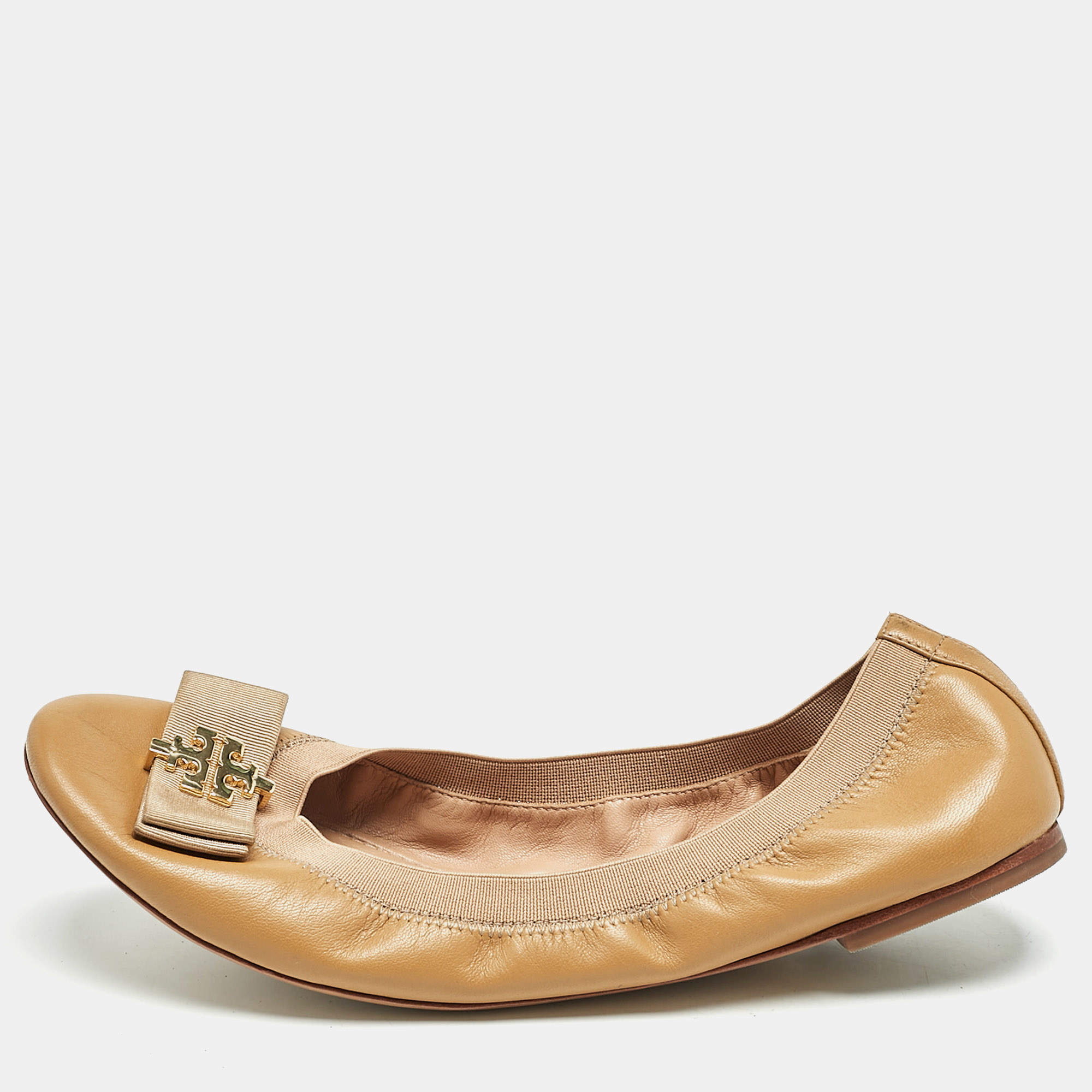 Pre Owned Tory Burch Brown Leather Jolie Scrunch Ballet Flats Size 41