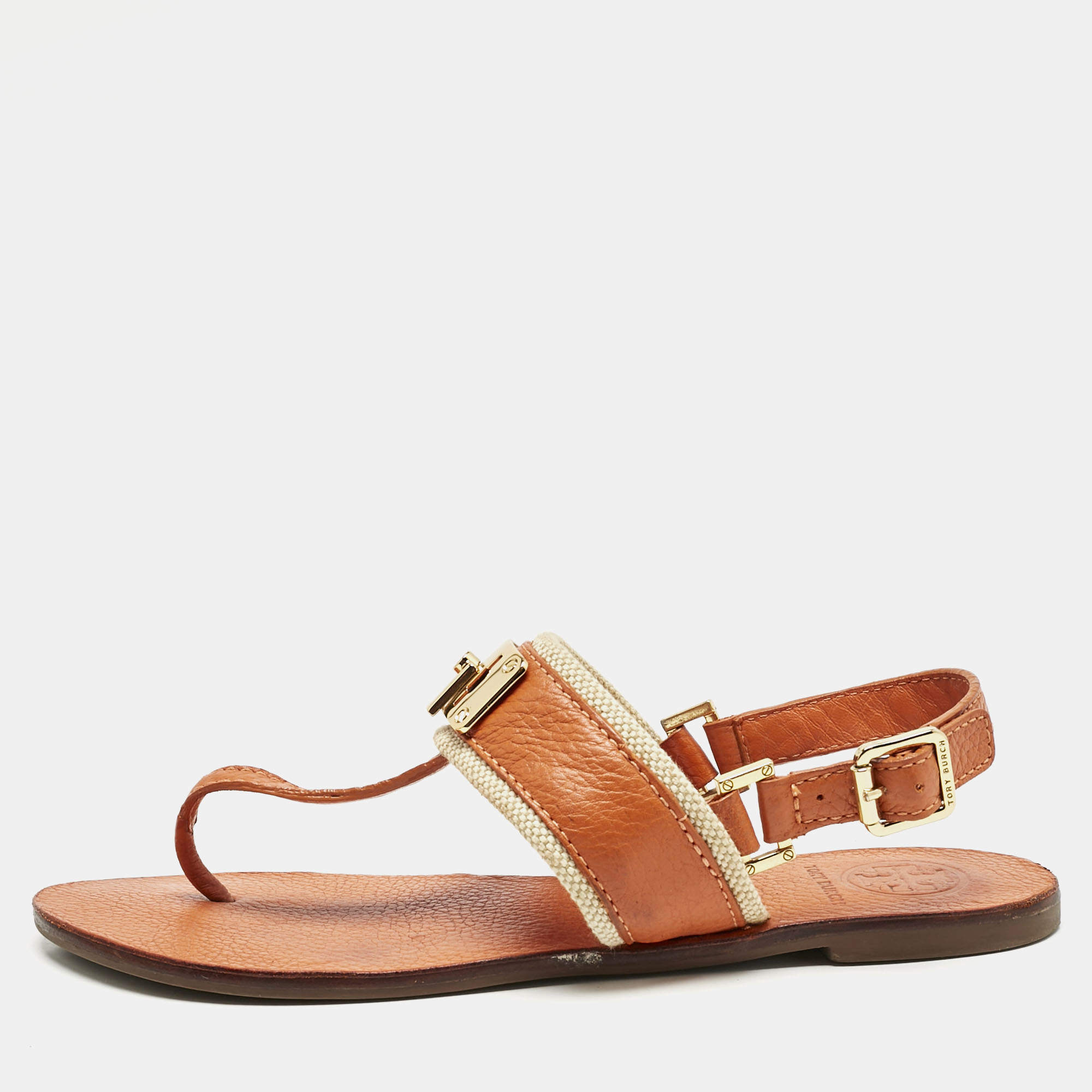Tory Burch Orange Leather T-Strap Flat Sandals Size 38