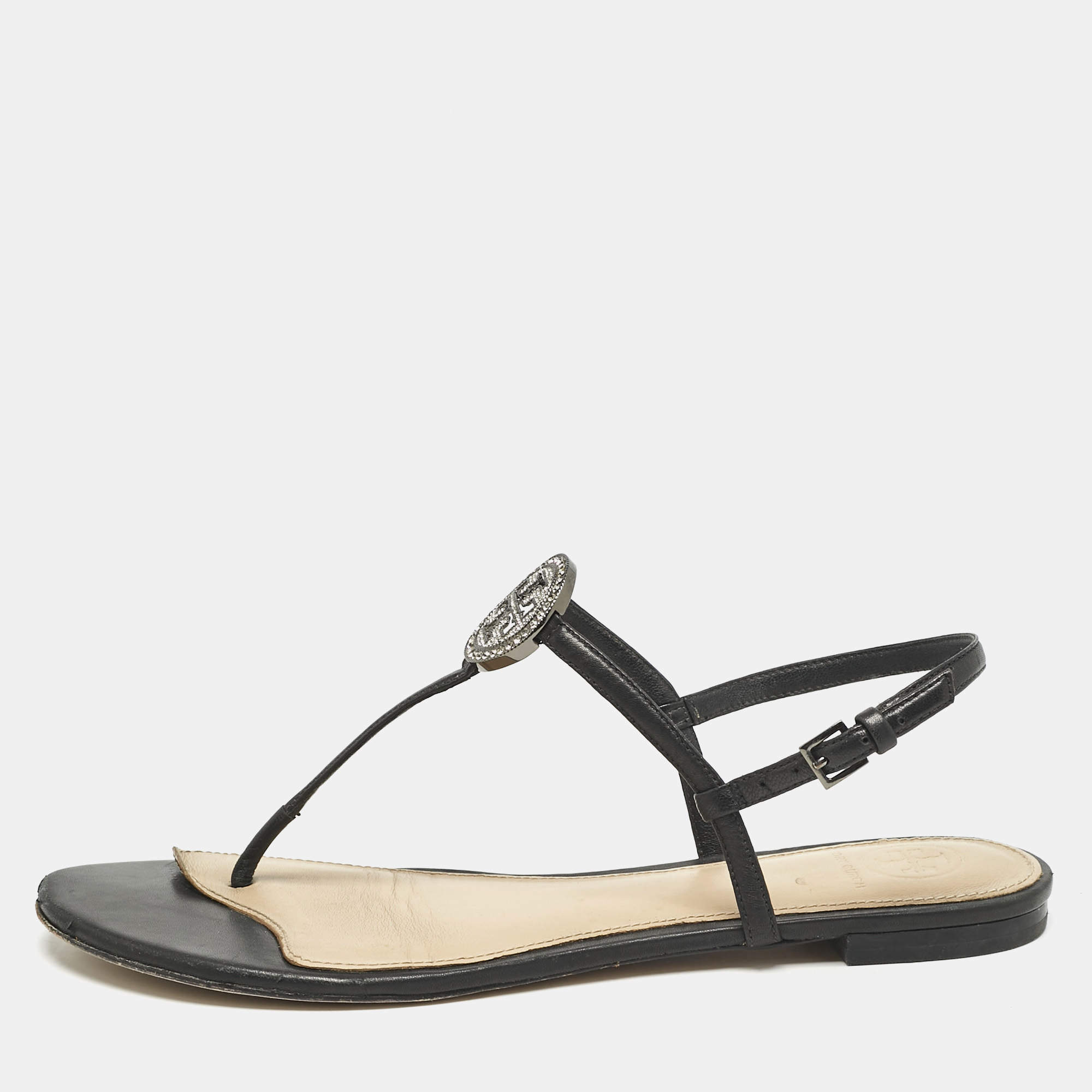 Tory Burch Black Leather Logo Embellished Flat Thong Sandals Size 38