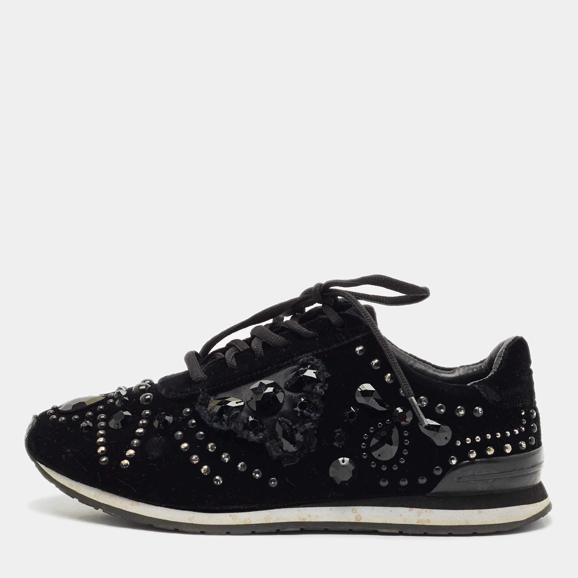 Tory Burch Black Velvet Scarlett Crystal Embellished Sneakers Size 37.5