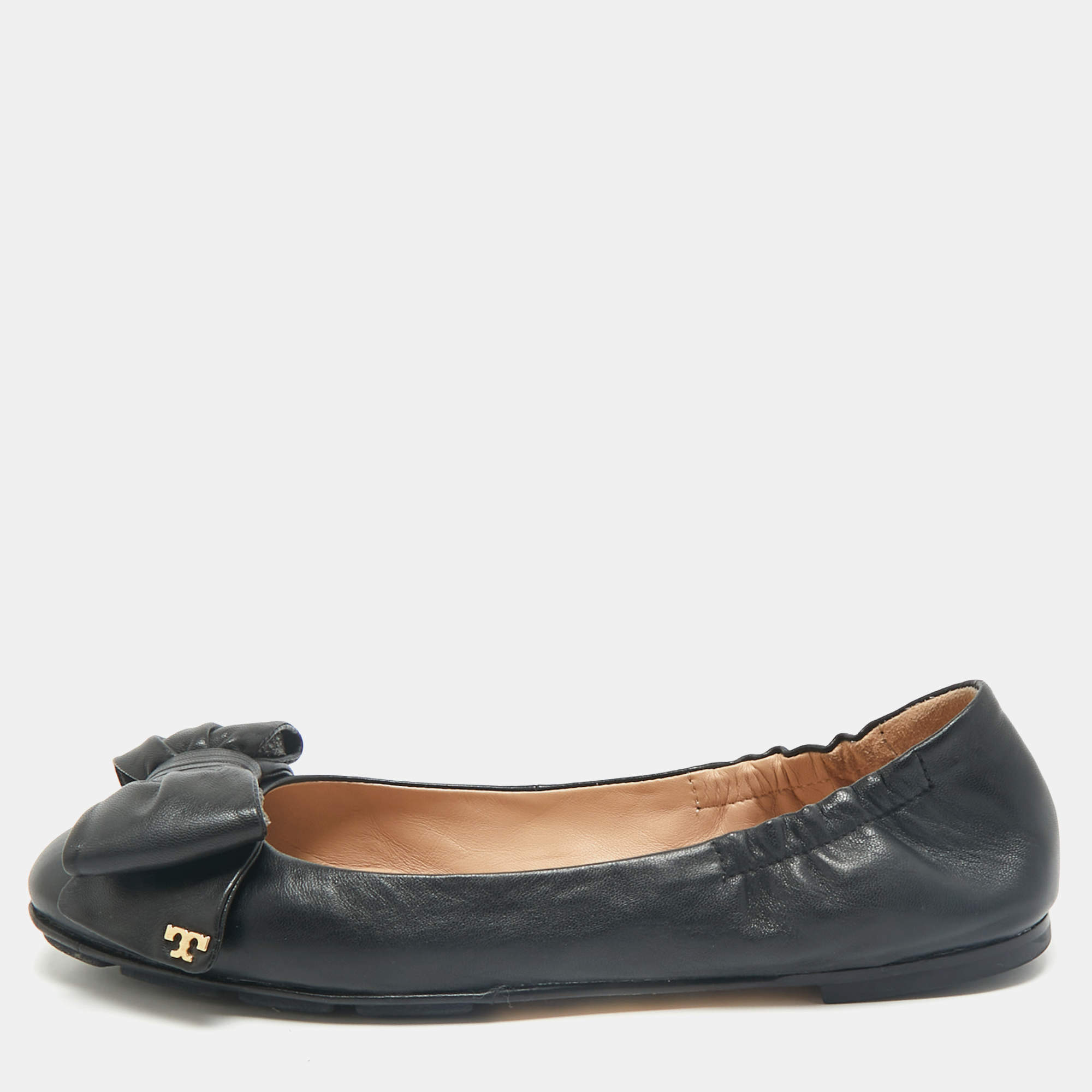 Pre Owned Tory Burch Black Leather Divine Bow Ballet Flats Size 39